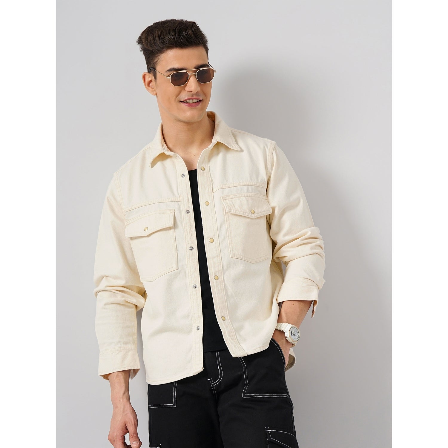 Men Off White Spread Collar Solid Oversized Cotton Casual Shirt (GASUNIM)