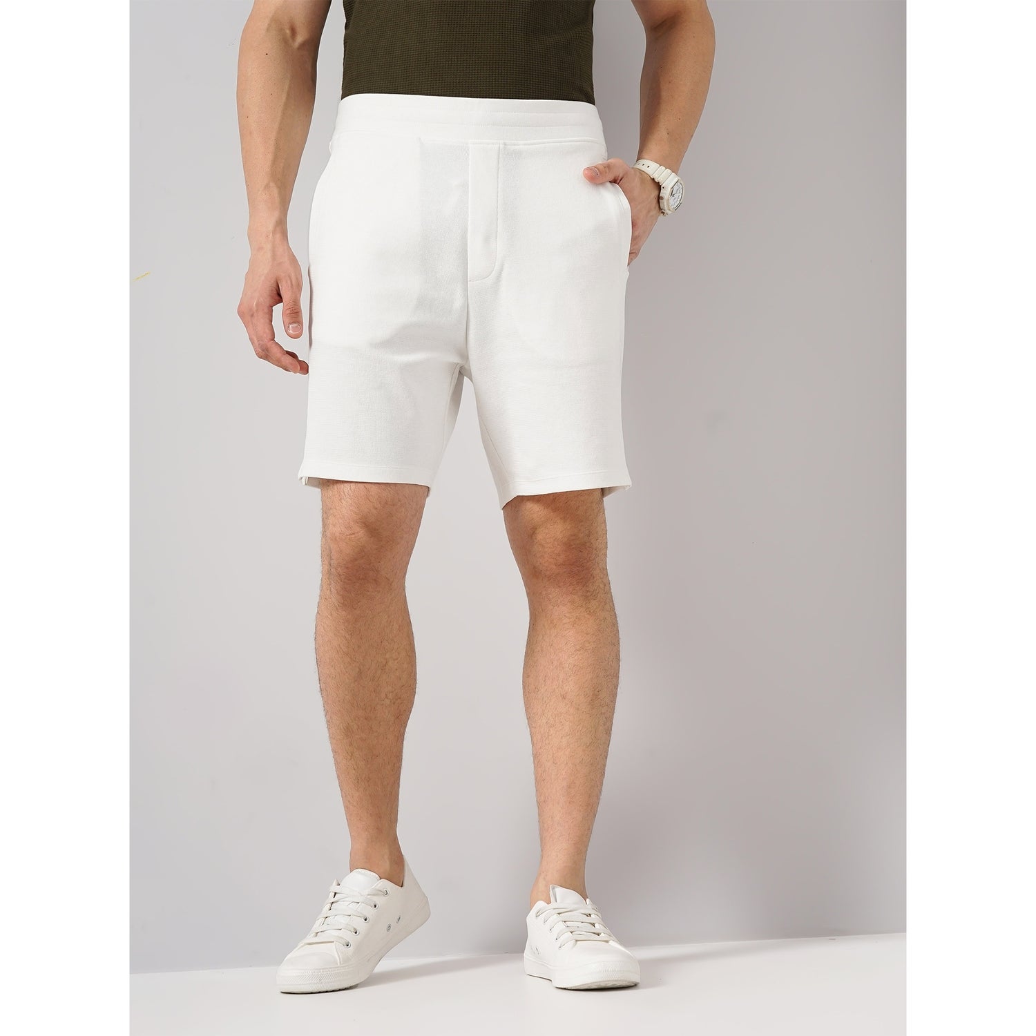 Men Off White Solid Regular Fit Polyester Casual Shorts (GOCACHE)
