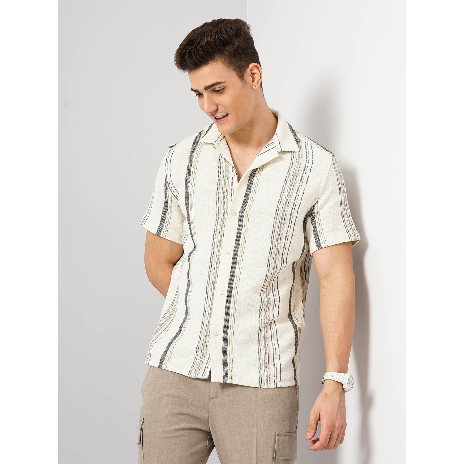 Men Off White Spread Collar Striped Regular Fit Cotton Shirt (GARURE)