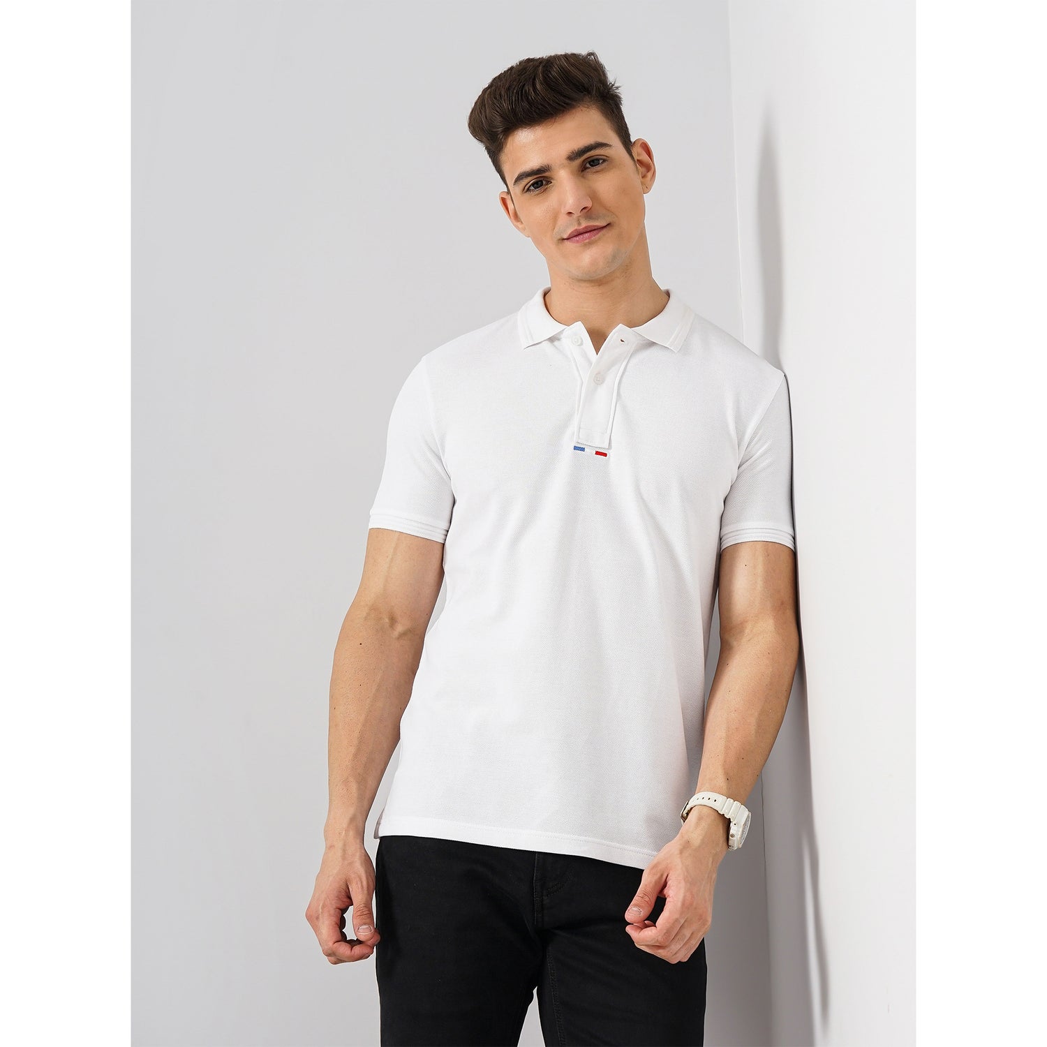 Men White Polo Collar Solid Regular Fit Cotton Basic Polo Tshirts (TEONEPLIN)
