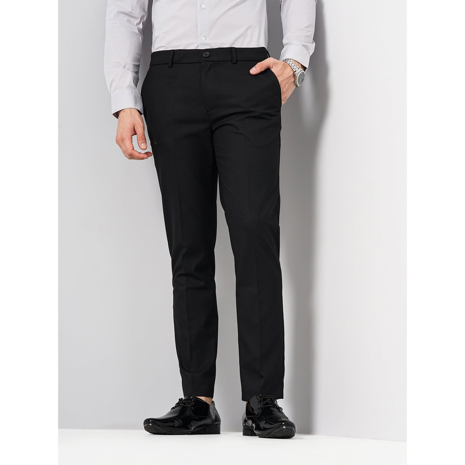 Men Black Solid Slim Fit Polyester Formal Trousers (GOSMARTY)