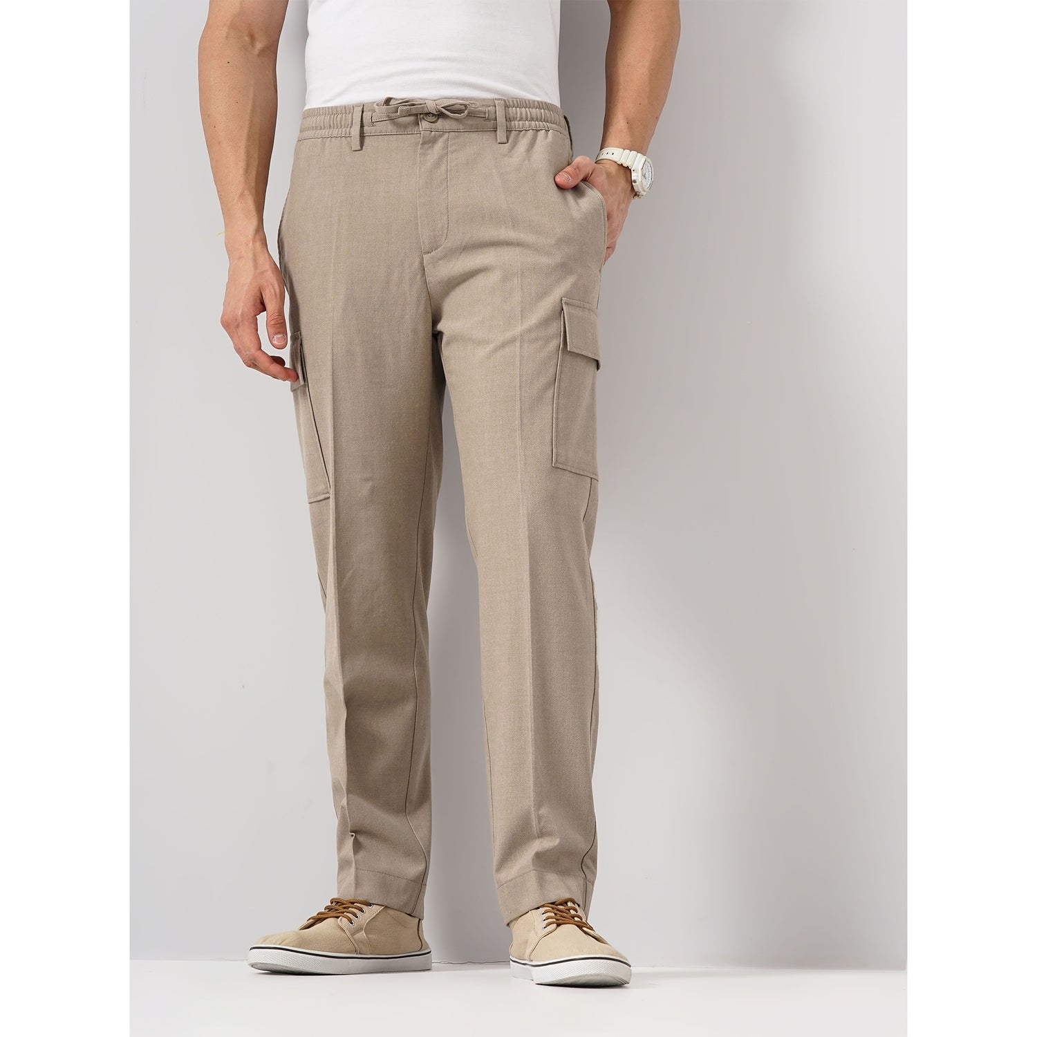 Men Beige Solid Straight Fit Polyester Cargo Trousers (GOTRAVEL)