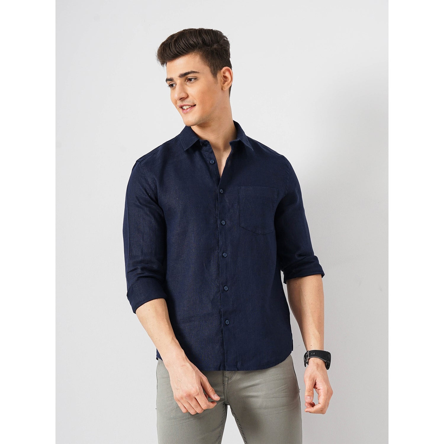 Men Navy Blue Spread Collar Solid Regular Fit Linen Shirt (DAFLIX3)