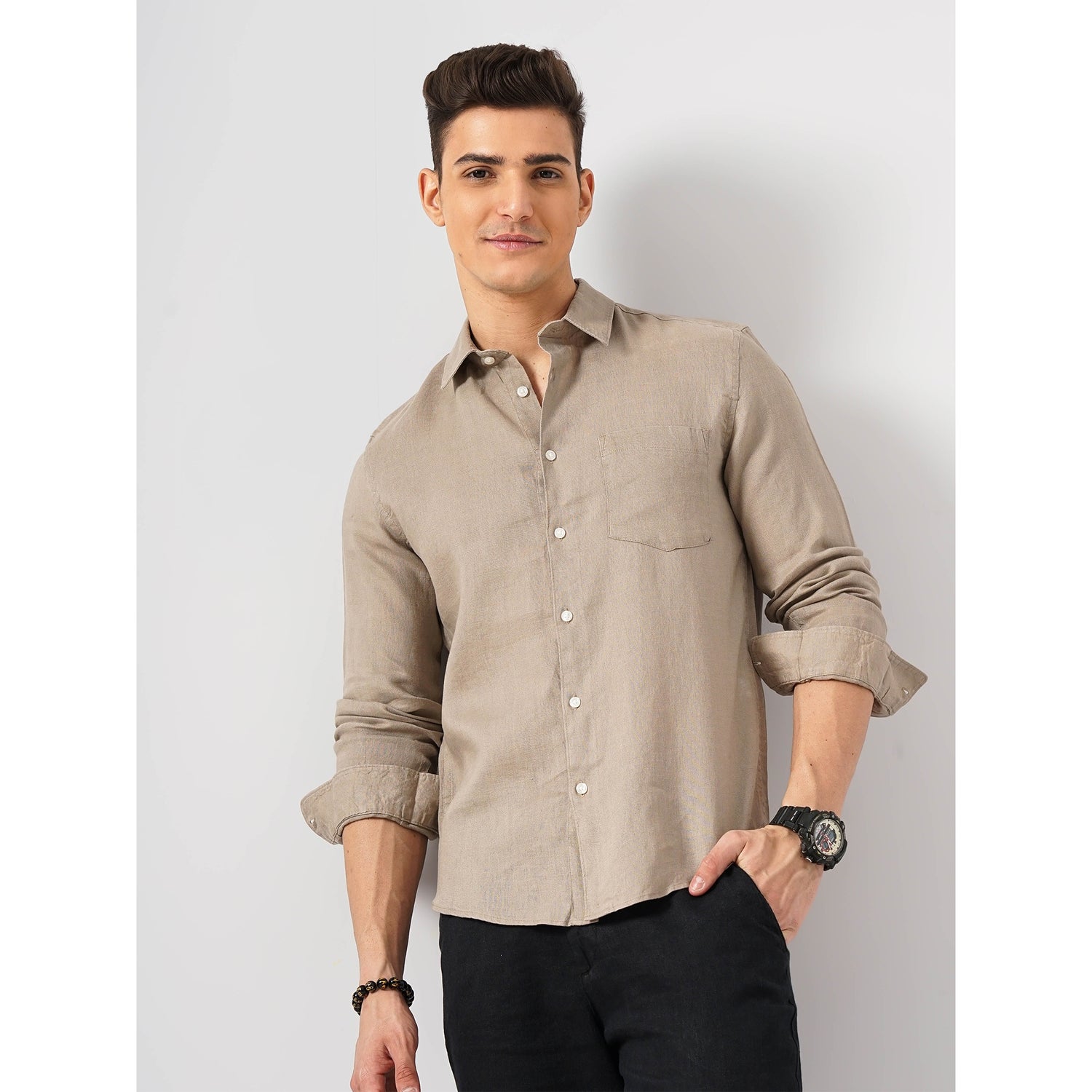 Men Beige Spread Collar Solid Regular Fit Linen Shirt (DAFLIX4)