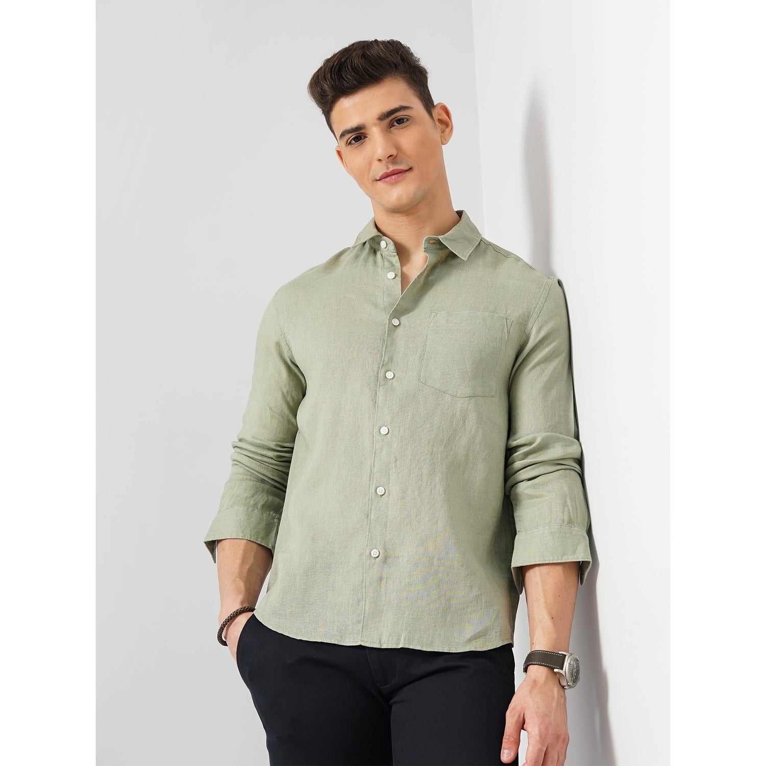 Men Green Spread Collar Solid Regular Fit Linen Shirt (DAFLIX4)