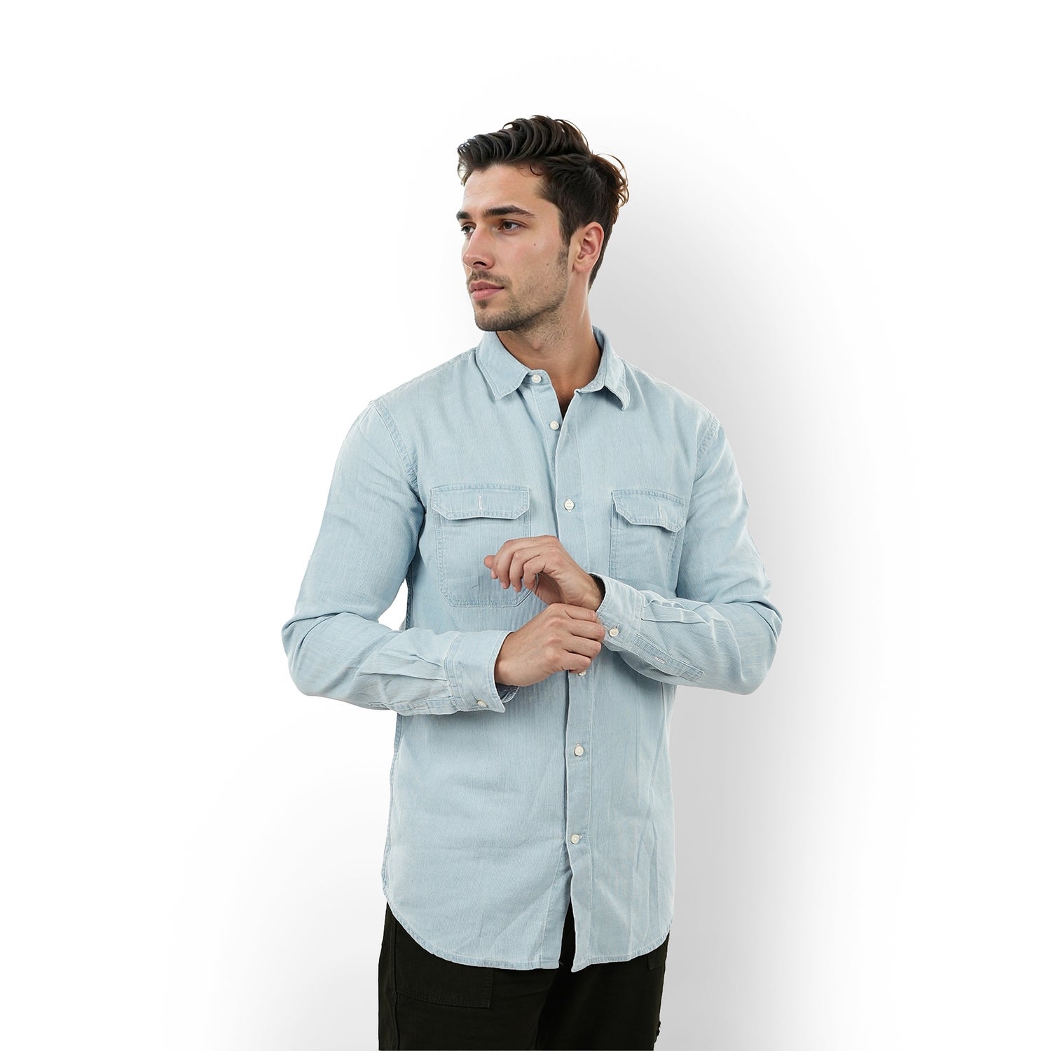Men Blue Spread Collar Solid Regular Fit Cotton Denim Shirt (JADENCORD)