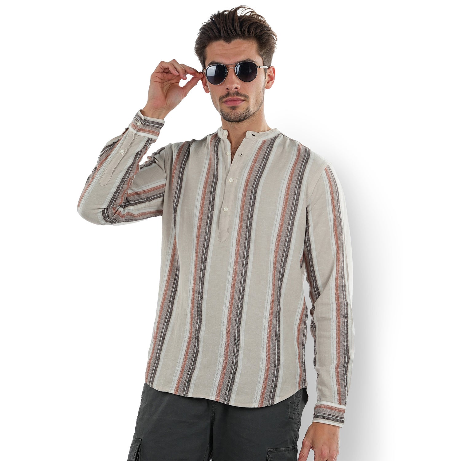 Men Brown Mandarin Collar Striped Regular Fit Cotton Casual Shirt (JASTRIPE)