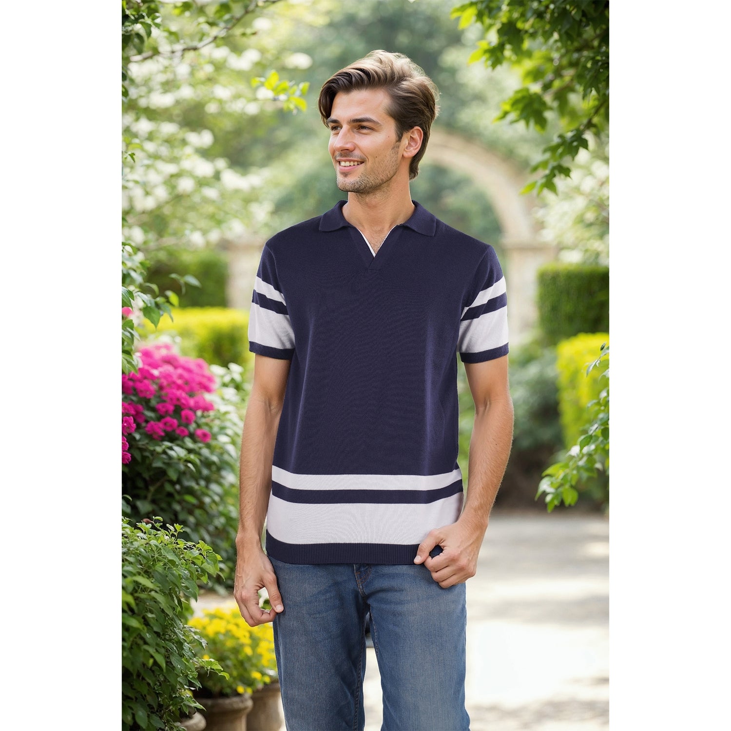Men Blue Polo Collar Striped Regular Fit Cotton Flat Knit Tshirts (JEPATCH)
