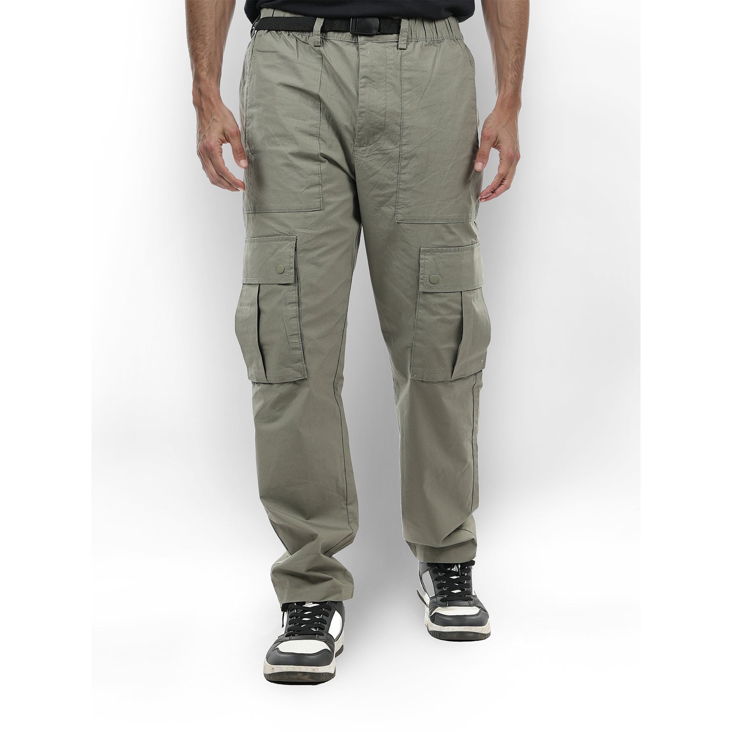 Men Khaki Solid Regular Fit Cotton Cargo Trousers (JOSTRAI)