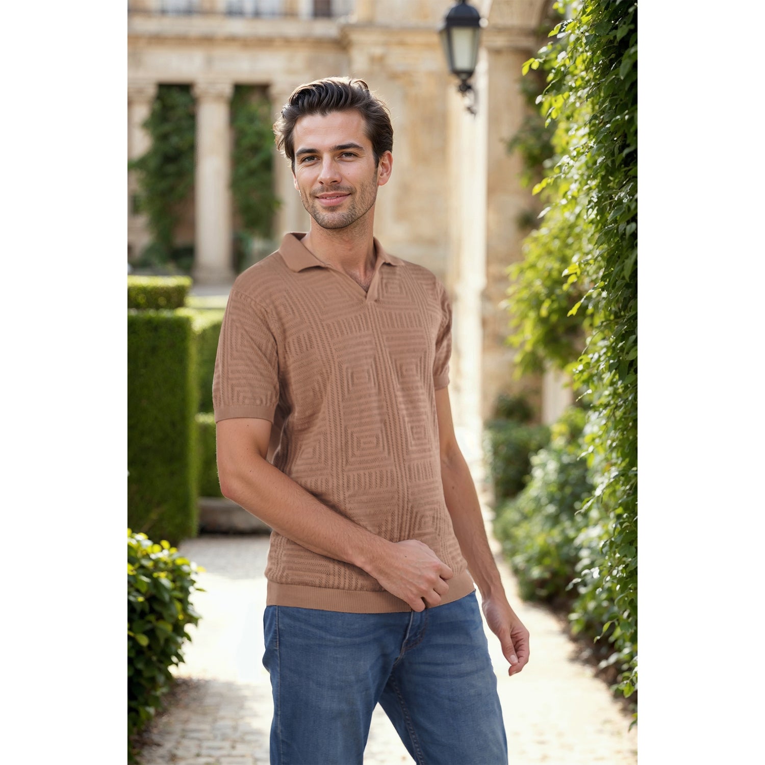 Men Beige Polo Collar Solid Regular Fit Cotton Flat Knit Tshirts (JESQUARE)