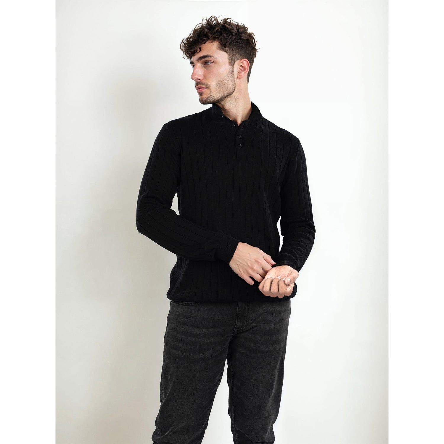 Men Black Henley Neck Striped Regular Fit Cotton Sweater (JEYORI)