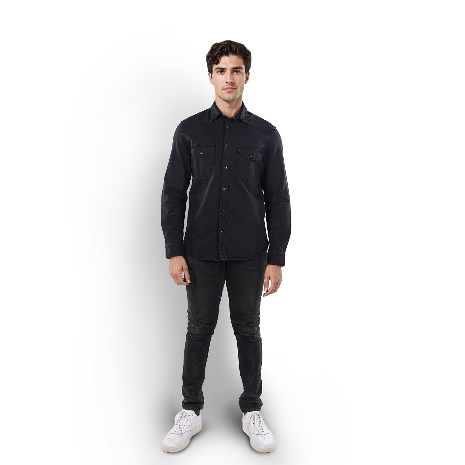 Men Black Spread Collar Solid Regular Fit Cotton Denim Shirts (JAMBRAY)