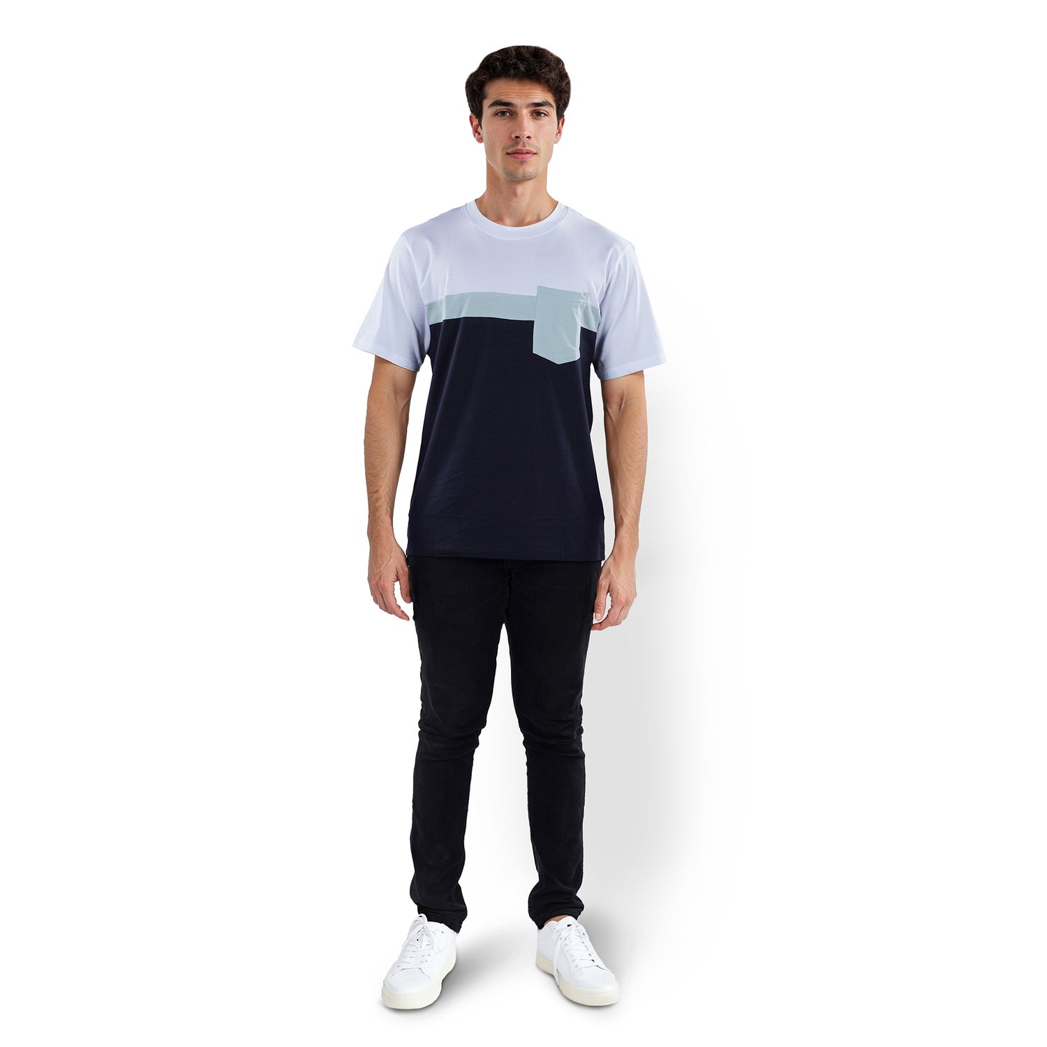 Men Blue Round Neck Colourblocked Boxy Cotton Tshirts (JETRY)