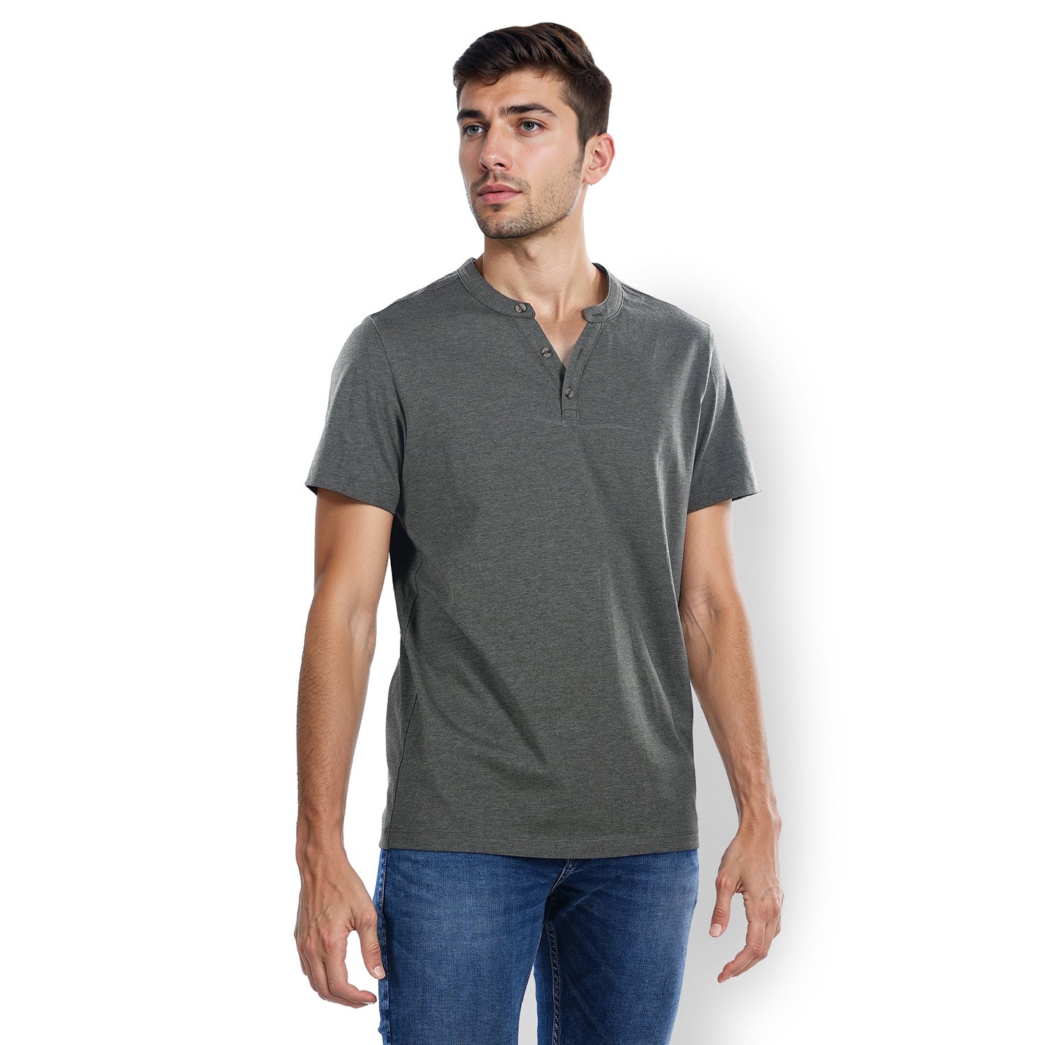 Men Olive Henley Neck Solid Regular Fit Cotton Tshirts (CEGETI)