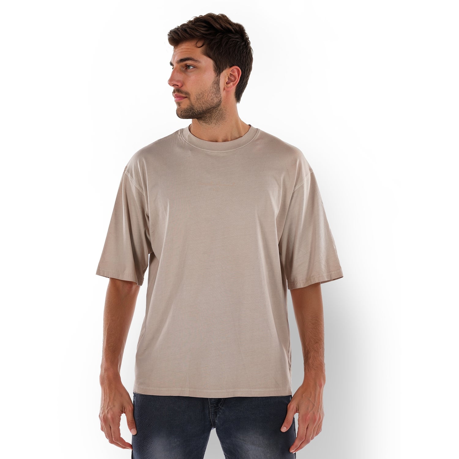 Men Beige Round Neck Solid Oversized Cotton Tshirts (JETWICE)