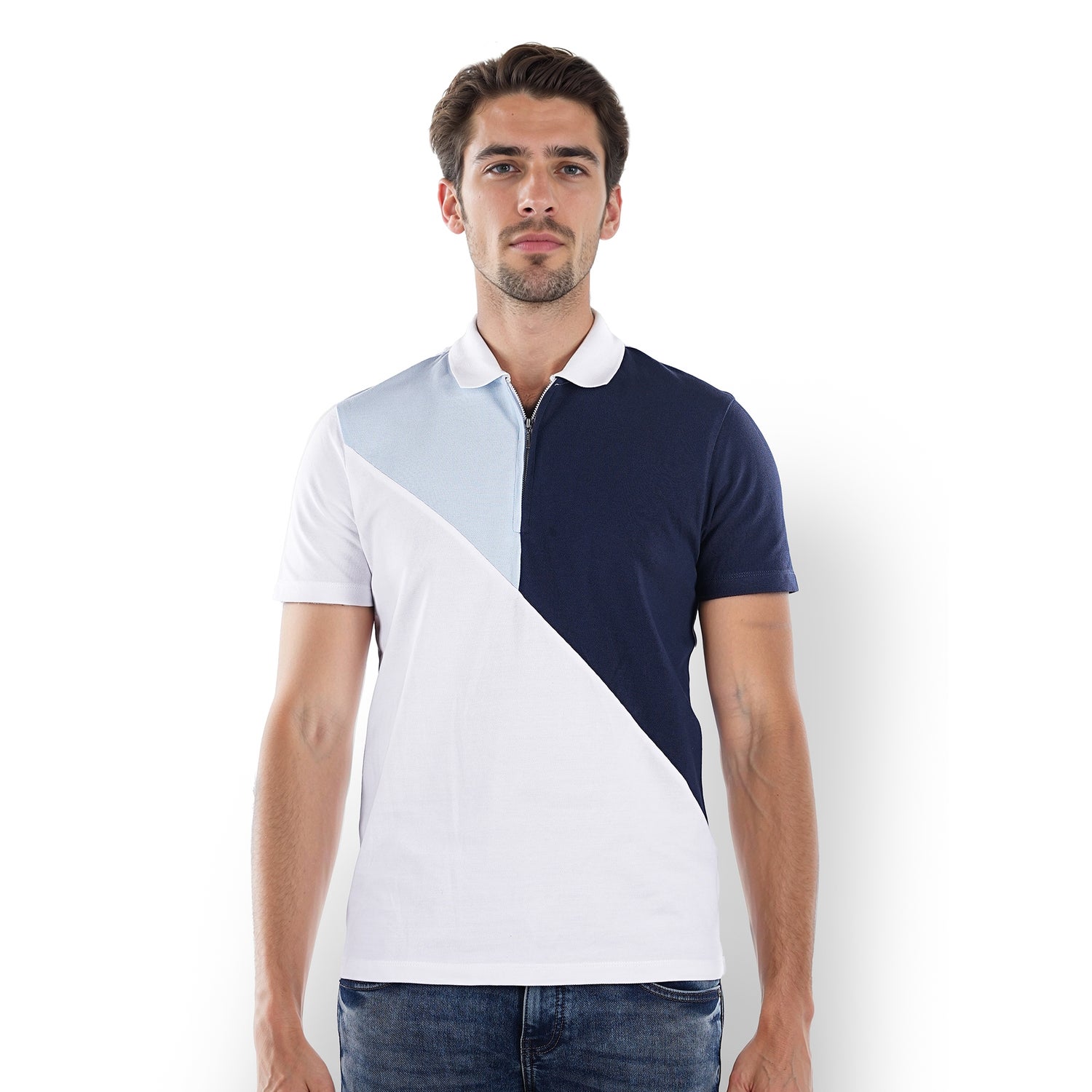 Men White Polo Collar Colourblocked Regular Fit Cotton Basic Polo Tshirts (JECOLOR1)