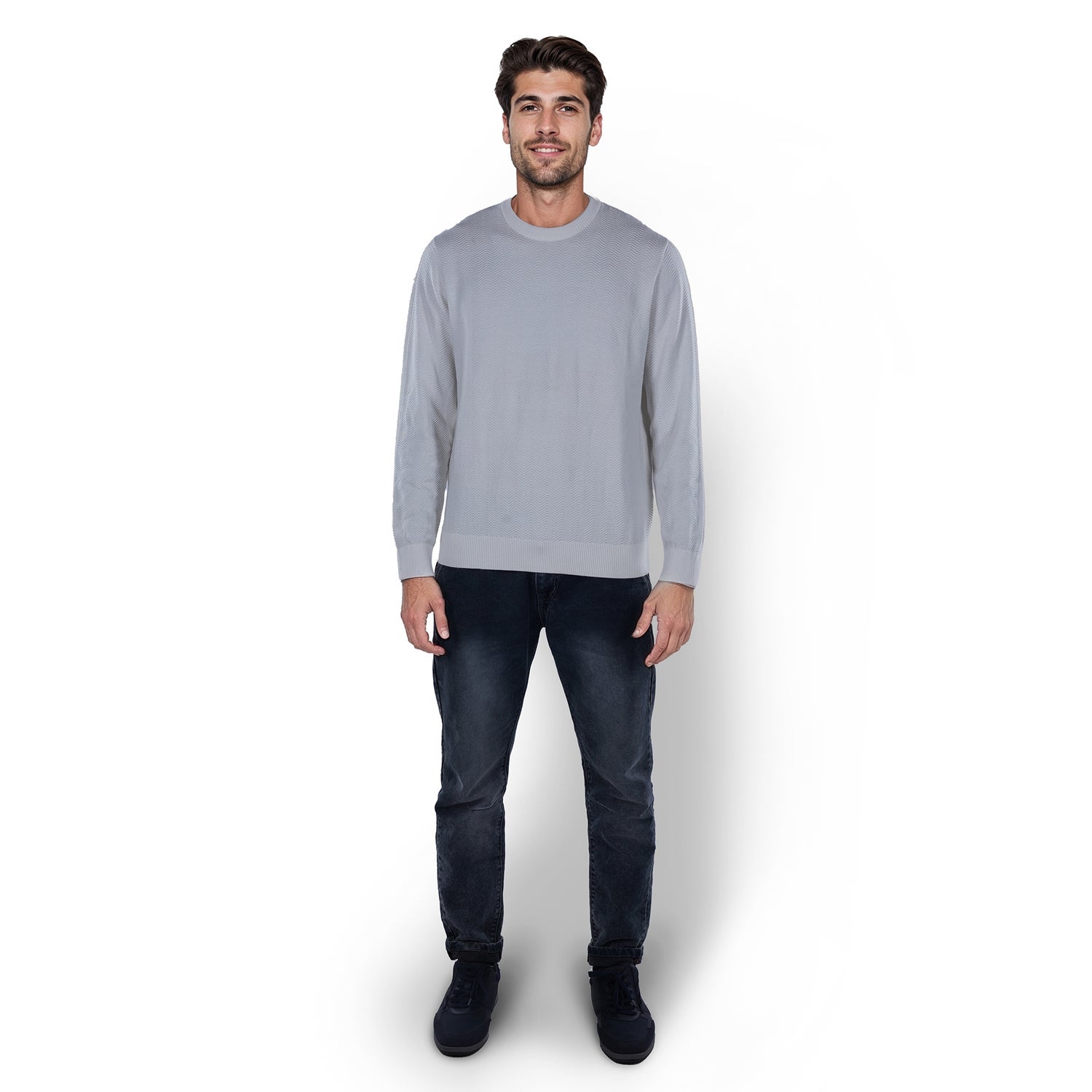 Men Beige Round Neck Solid Regular Cotton Structured Sweaters (JEVRONI)