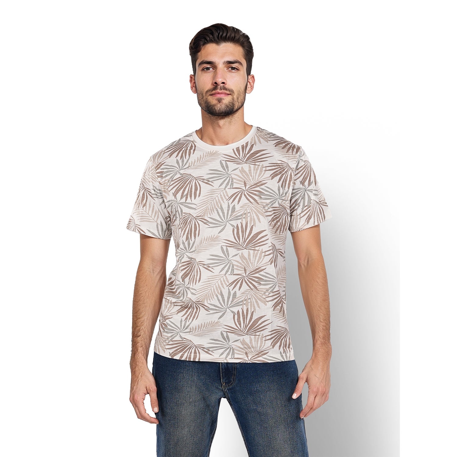 Men White Round Neck Printed Regular Fit Cotton All Over Print Tshirts (JESLUBAOPLP)