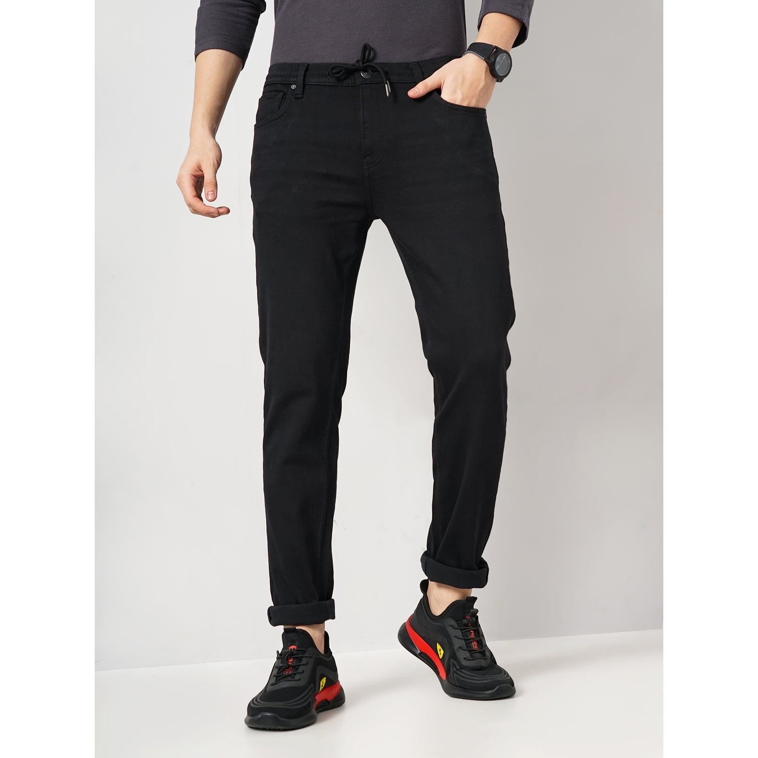 Men Black Solid Slim Fit Cotton Casual Jeans (JOSUPER)