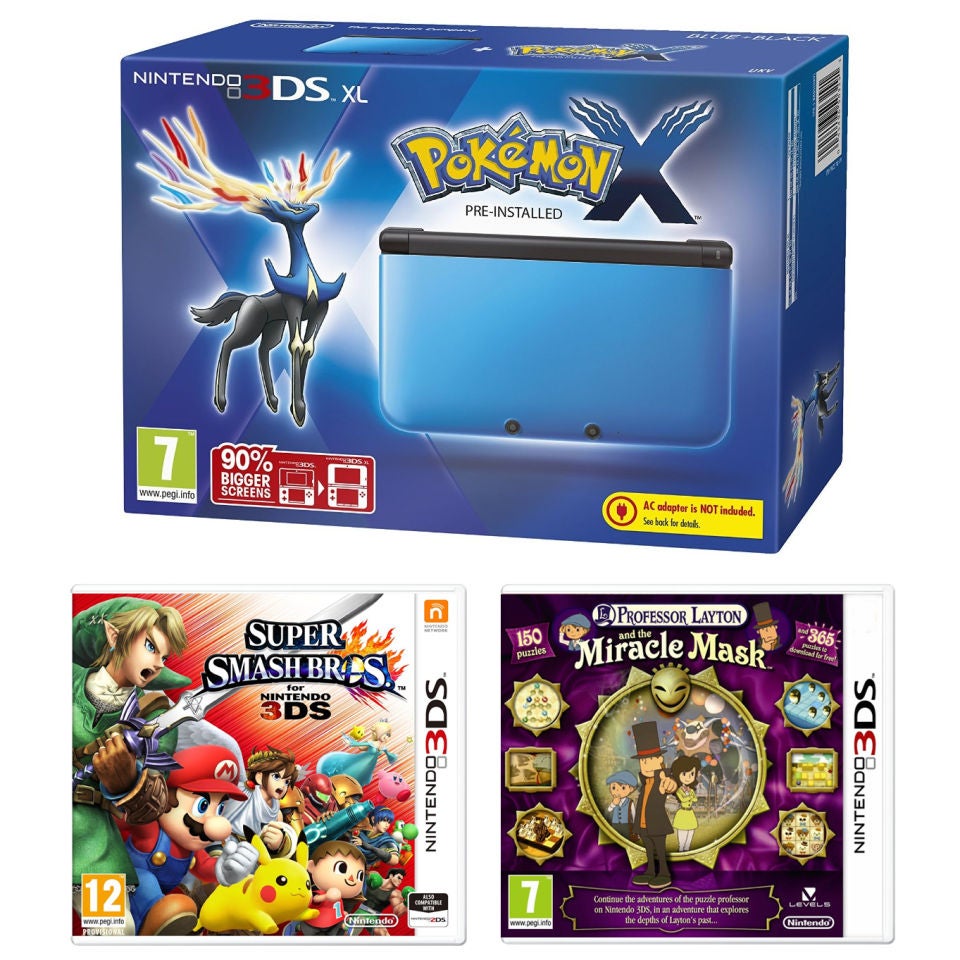 Nintendo 3DS XL Blue and Black Console - Includes Pokémon X, Super Smash Bros. & Professor Layton: and The Miracle Games Consoles - Zavvi US