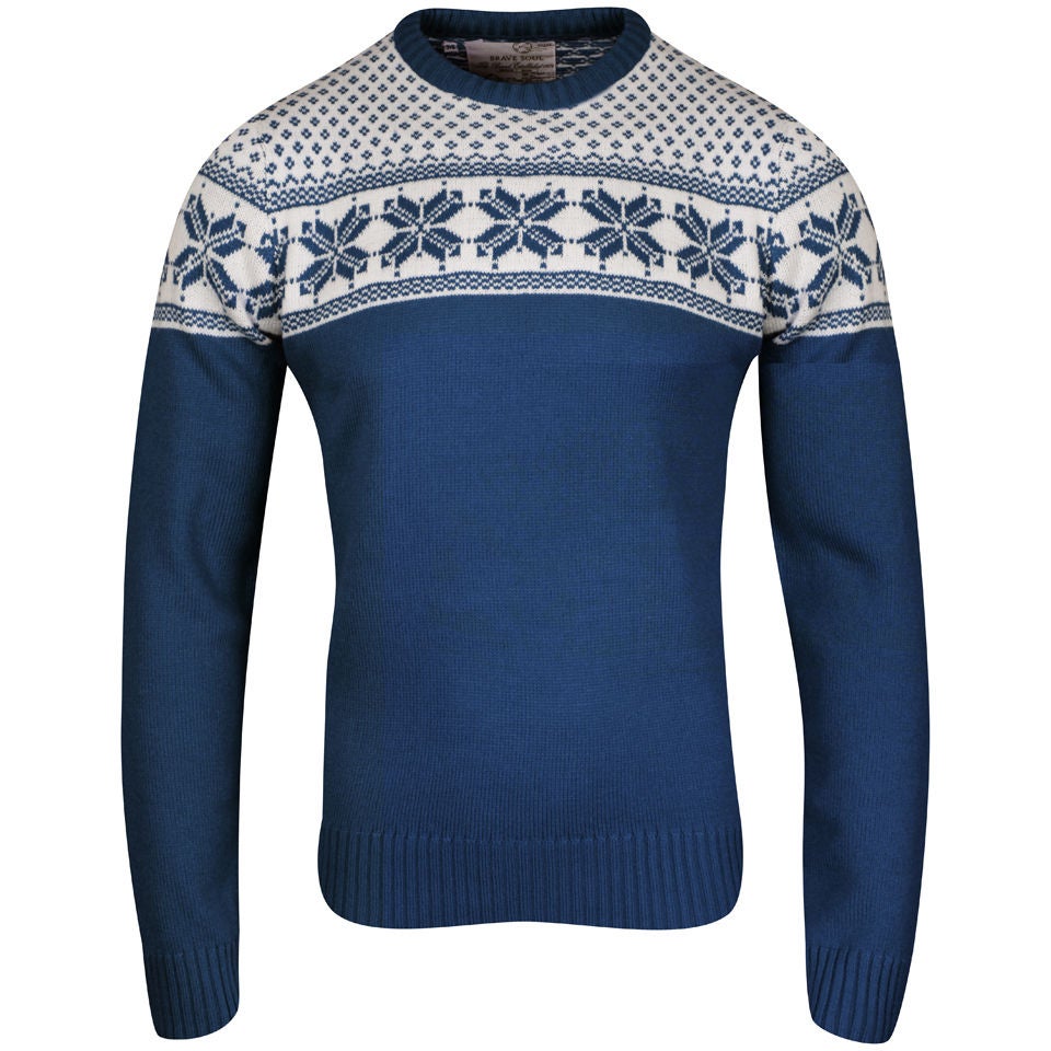 Brave Soul Men's Zain Fairisle Detail Crew Neck Jumper Cobalt