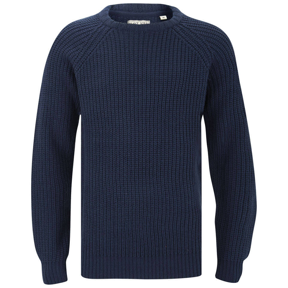 Brave Soul Chunky Knit Elbow Patch Jumper in Blue for Men