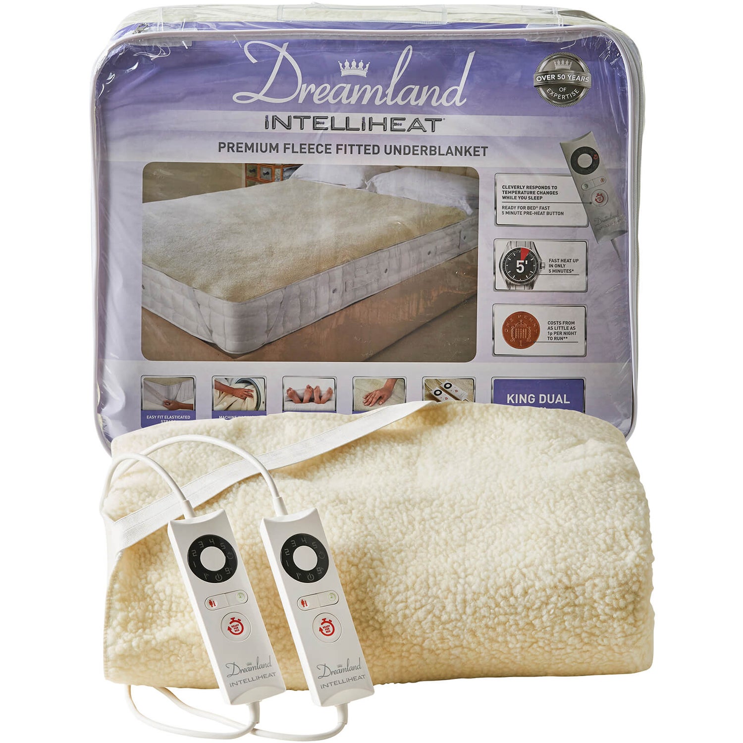 Dreamland 16297 Sleepwell Intelliheat Soft Fleece Fitted Electric Under Blanket Cream Double Dual