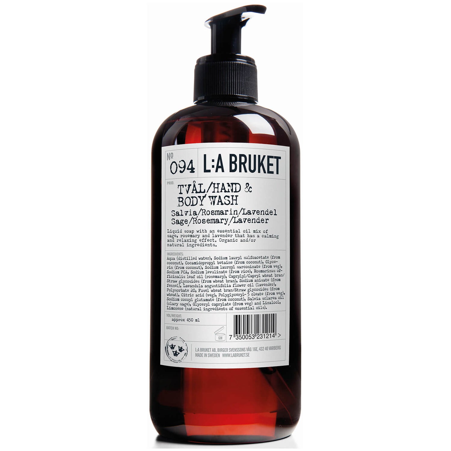 L:A BRUKET No. 094 Hand & Body Wash 450ml - Sage/Rosemary/Lavender