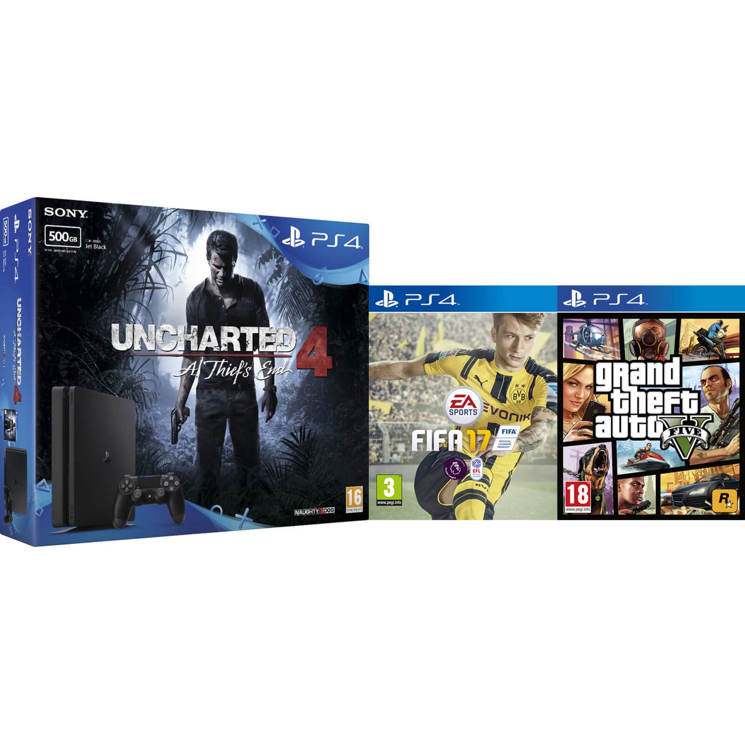 PlayStation 4 Slim 500GB With Uncharted 4, FIFA 17 and GTA V Games Consoles  - Zavvi UK
