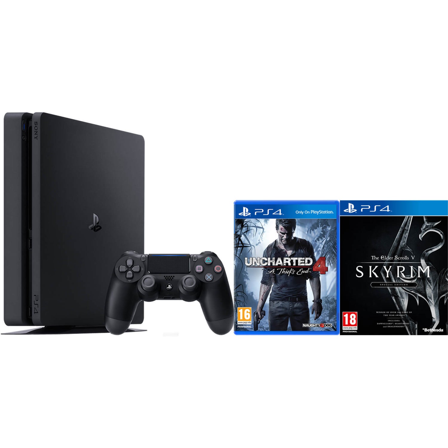 PlayStation 4 Slim 500GB Uncharted 4 and Skyrim Games Consoles - Zavvi US