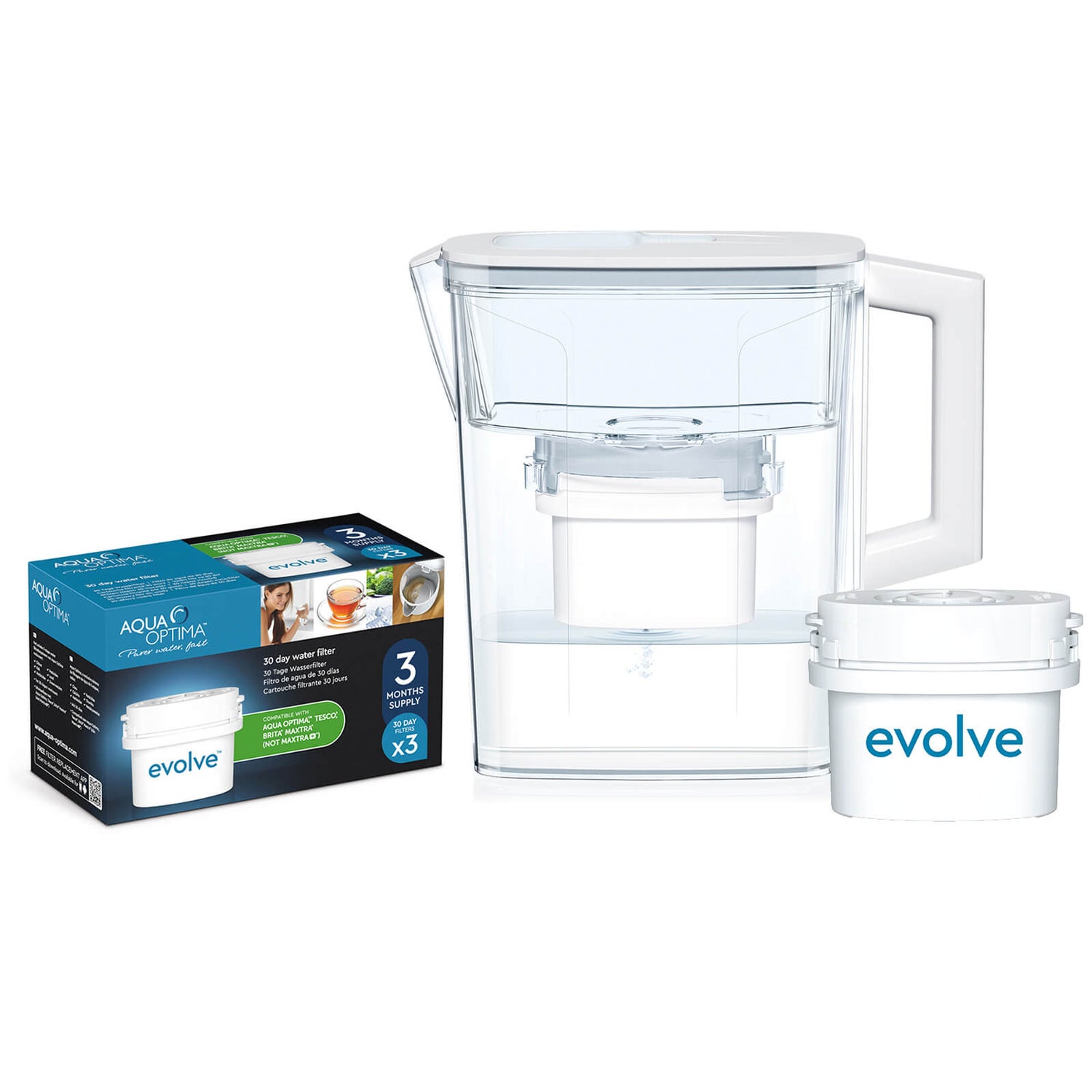 Aqua Optima 2.1L White Compact Water Filter Jug with 3 x 30 Day Evolve  Filter Cartridges (3 Month Bundle) Homeware