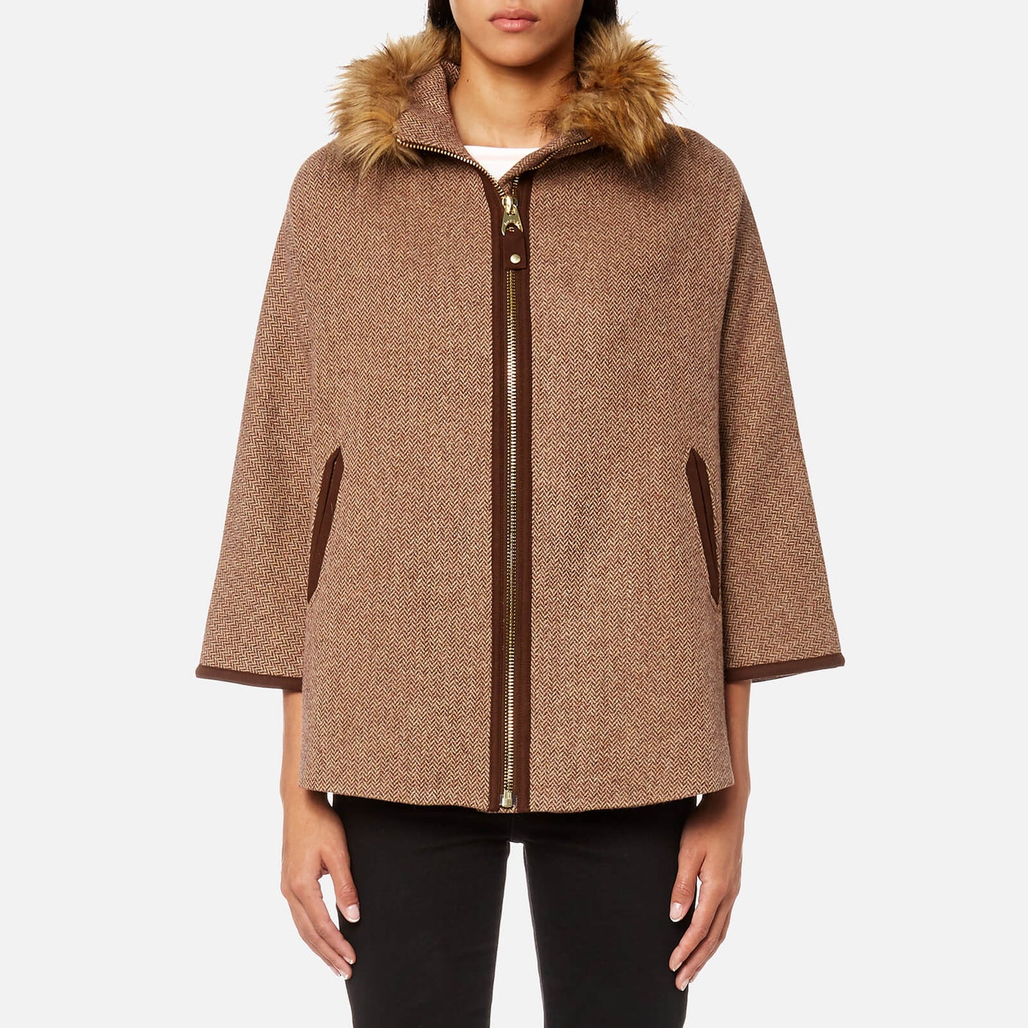 Joules Women s Contessa Tweed Cape with Faux Fur Trim Camel Herringbone TheHut