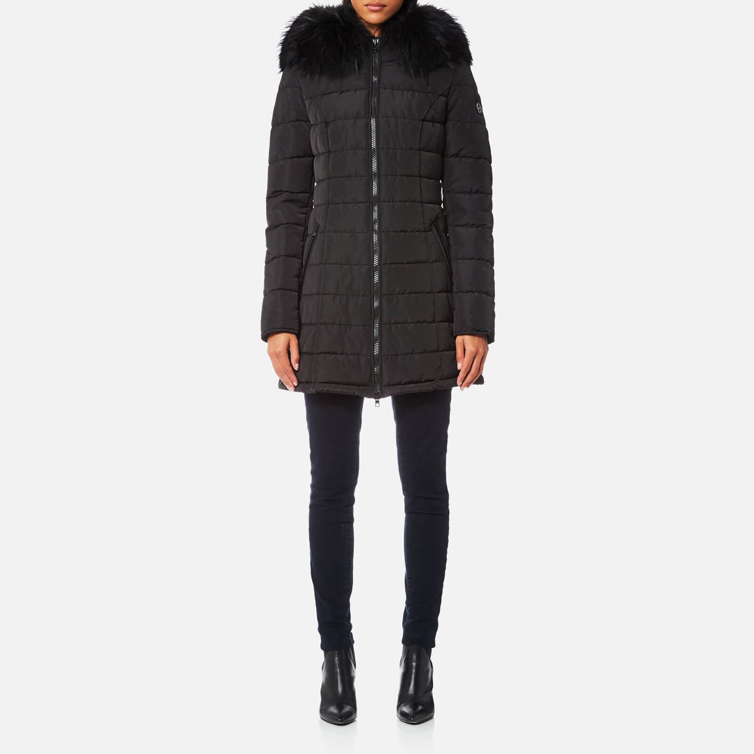 Froccella Women s Long Coat with Coloured Big Fur Collar Black TheHut