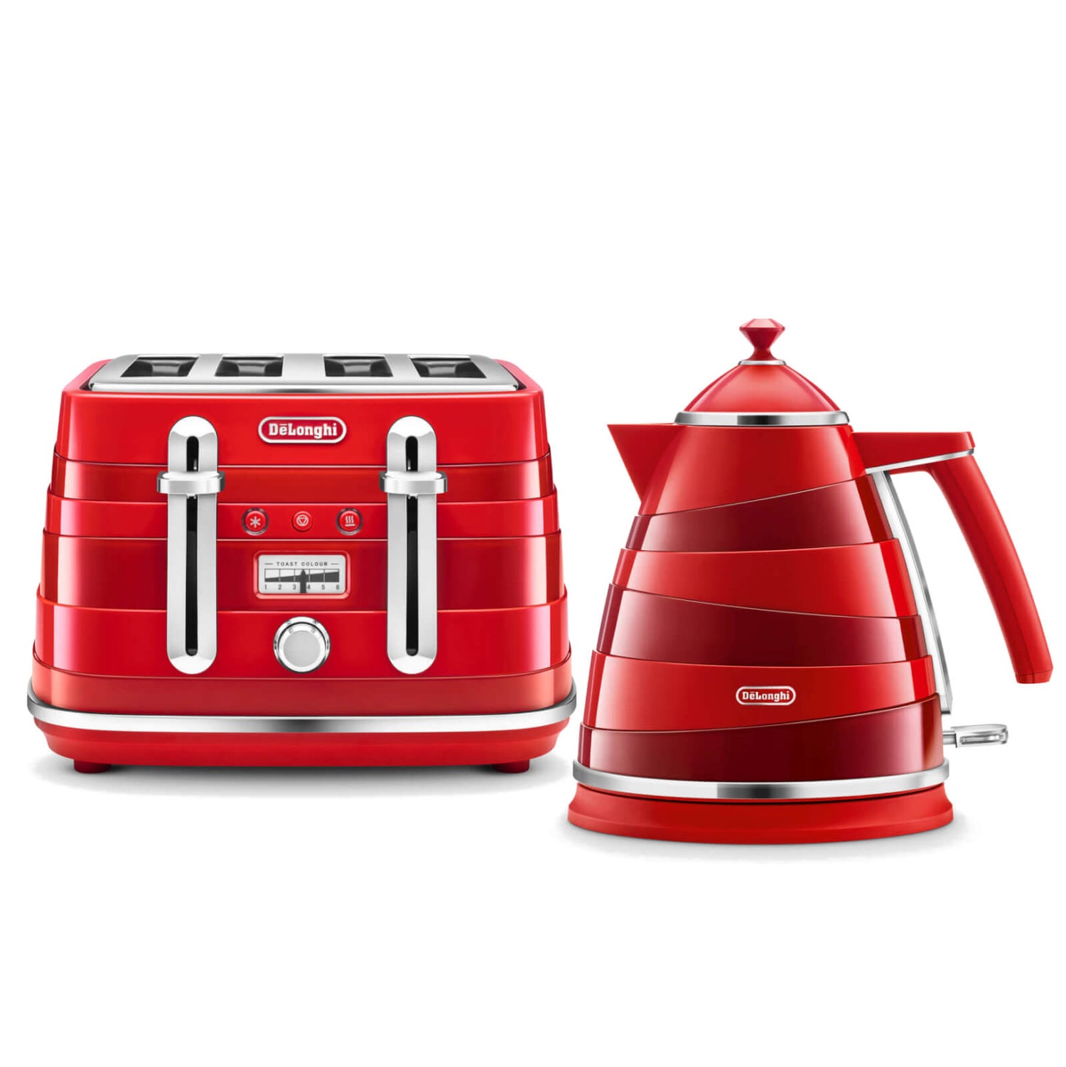 Our stylish red Delonghi kettle and toaster will brighten any