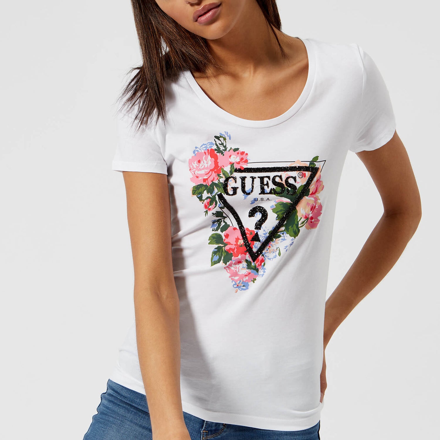 Guess Womens Roses T Shirt True White