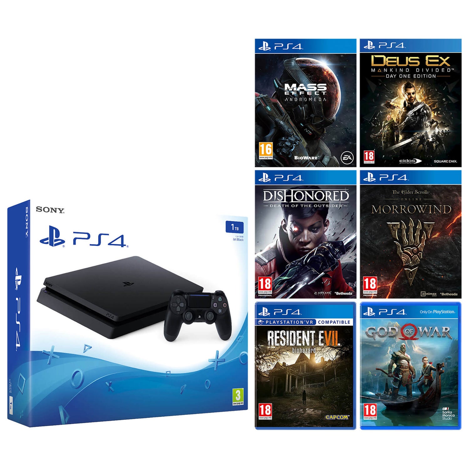 Sony PlayStation 4 Slim 1TB Including God of War Mass Effect Andromeda Resident Evil Biohazard Deus Ex Mankind Divided Dishonored Death of the Outsider The Elder Scrolls Online Morrowind Games Console...