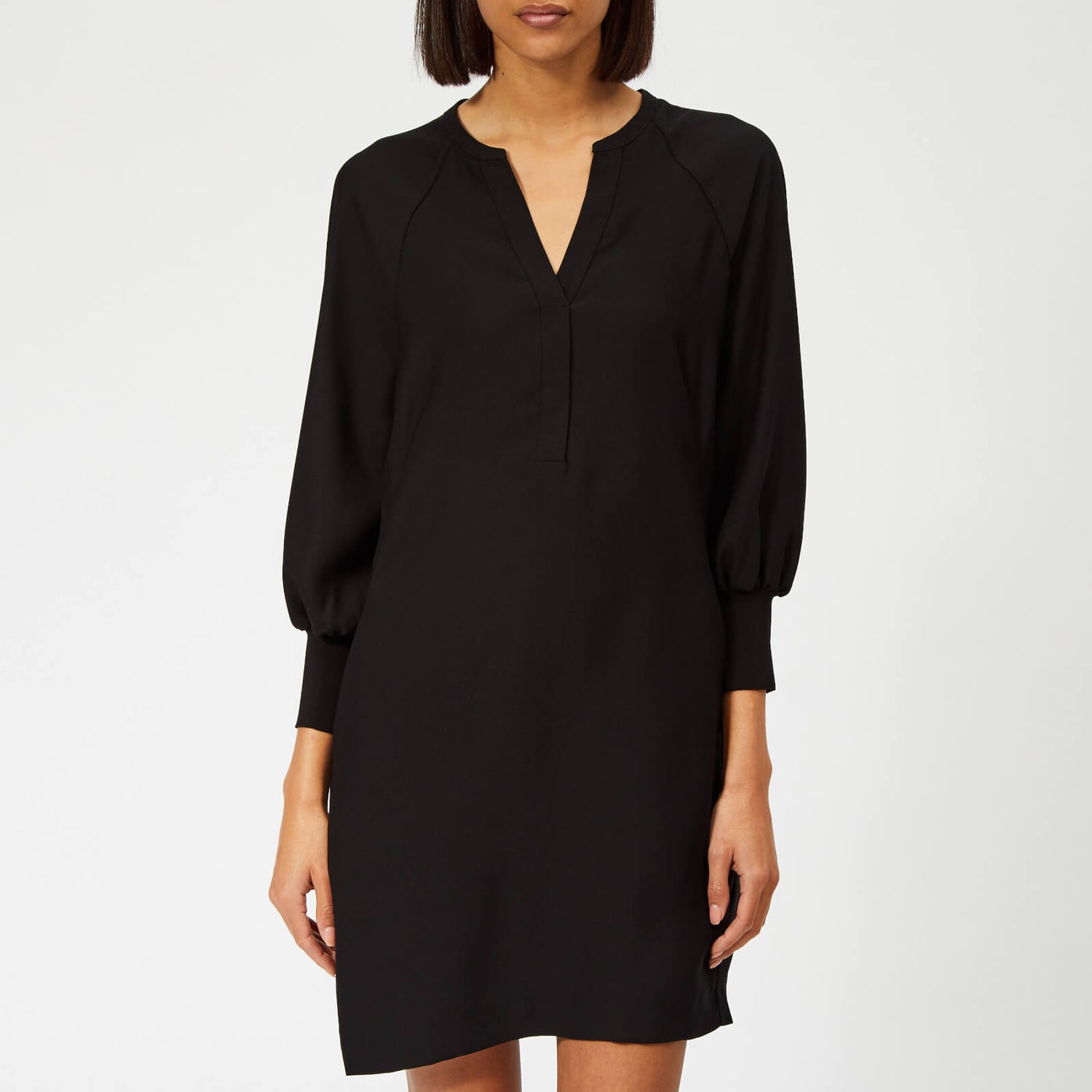 navy asymmetric neck pleated wrap midi dress
