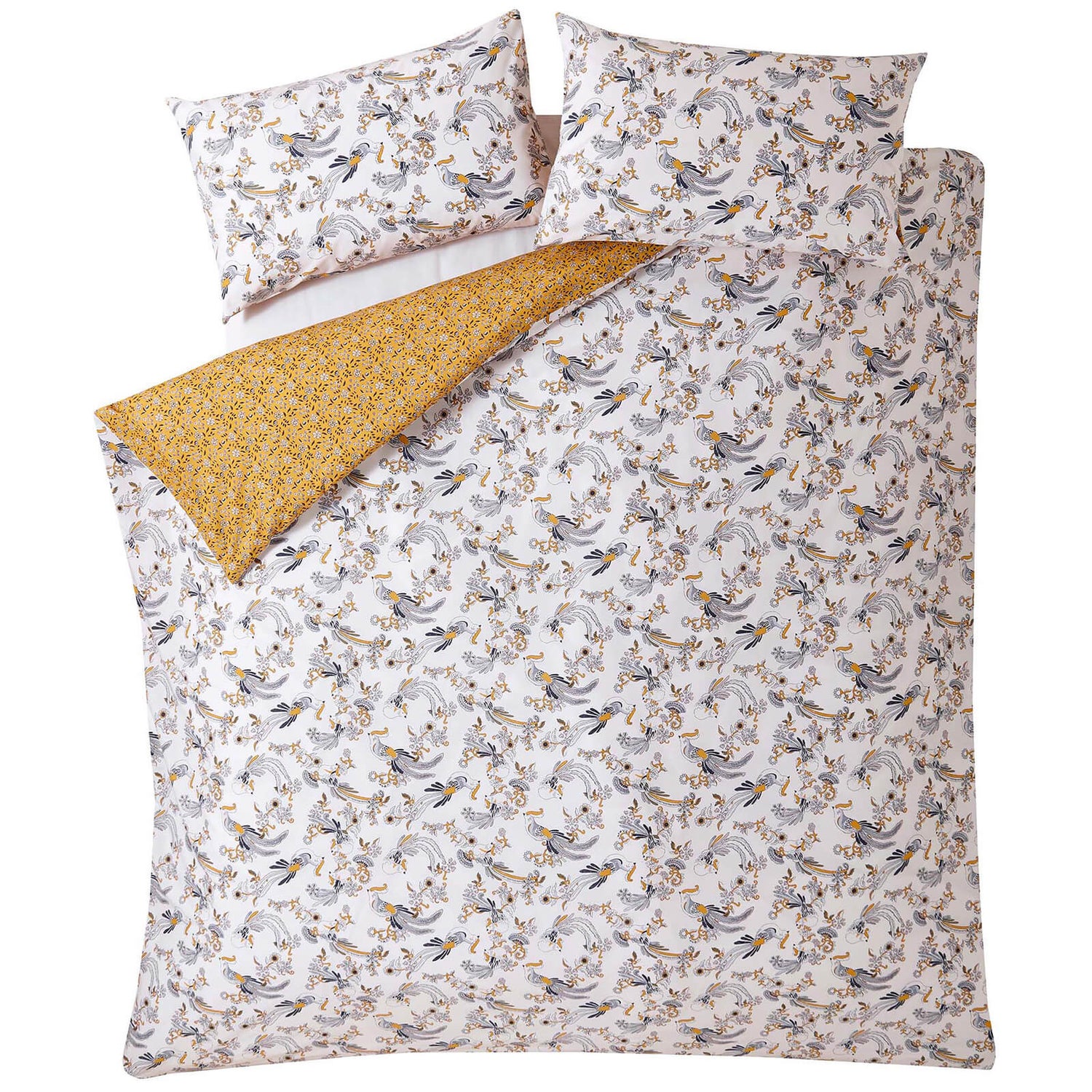 Fat Face Oriental Bird Quilt Duvet Cover Set Mustard