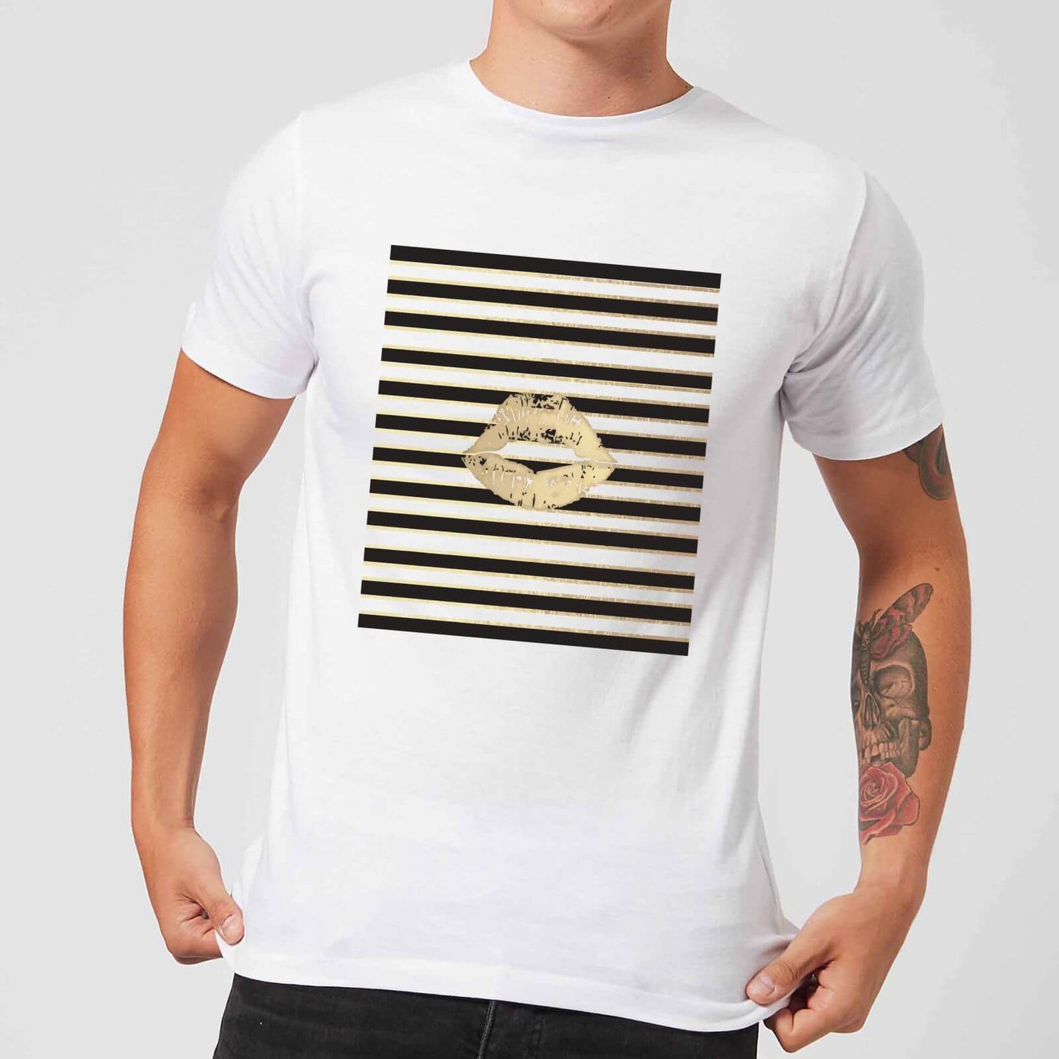 Lipstick Kiss Mark Striped Background Men's T-Shirt White IWOOT UK