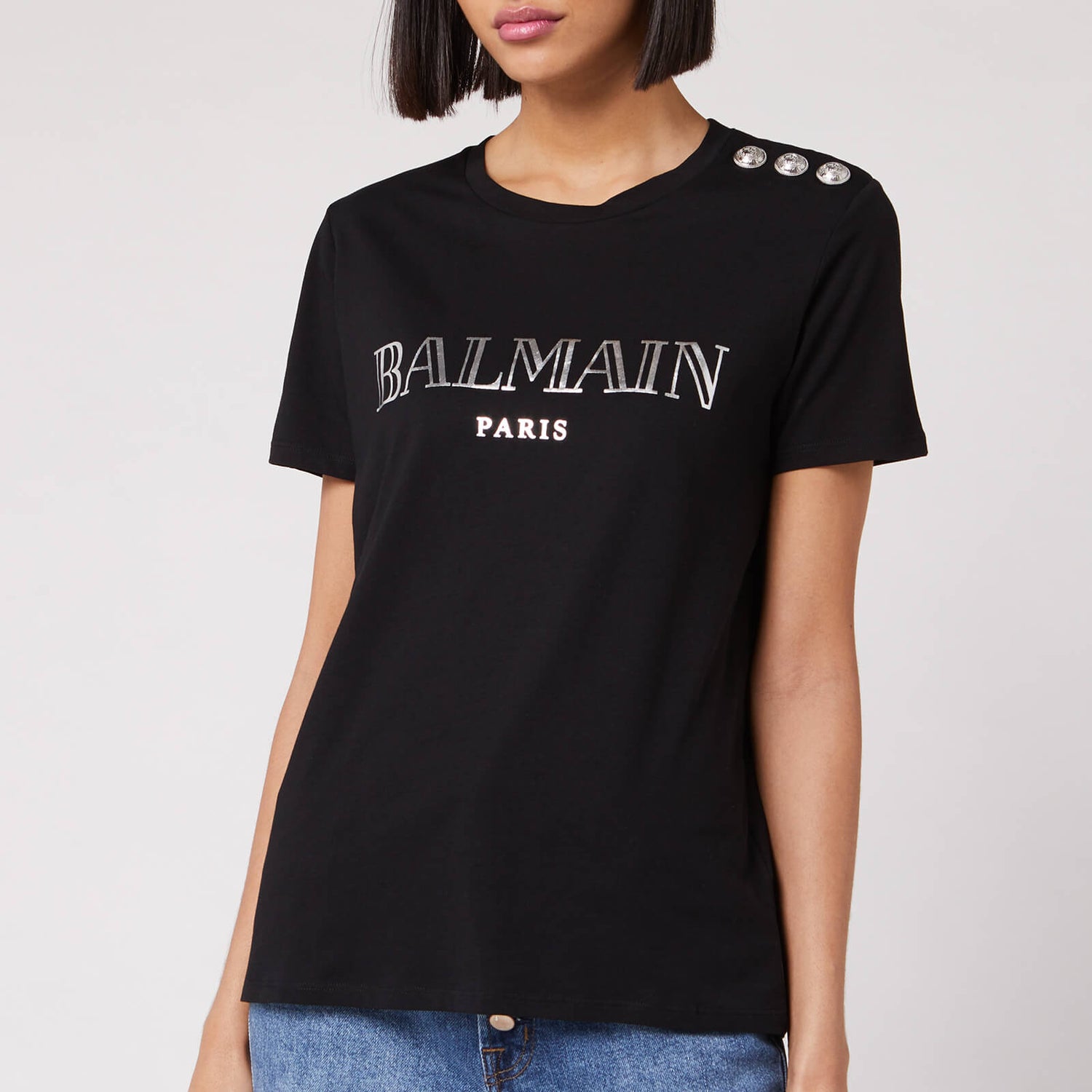 Balmain Women's Short Sleeve 3 Button Metallic Vintage Logo T-Shirt ...