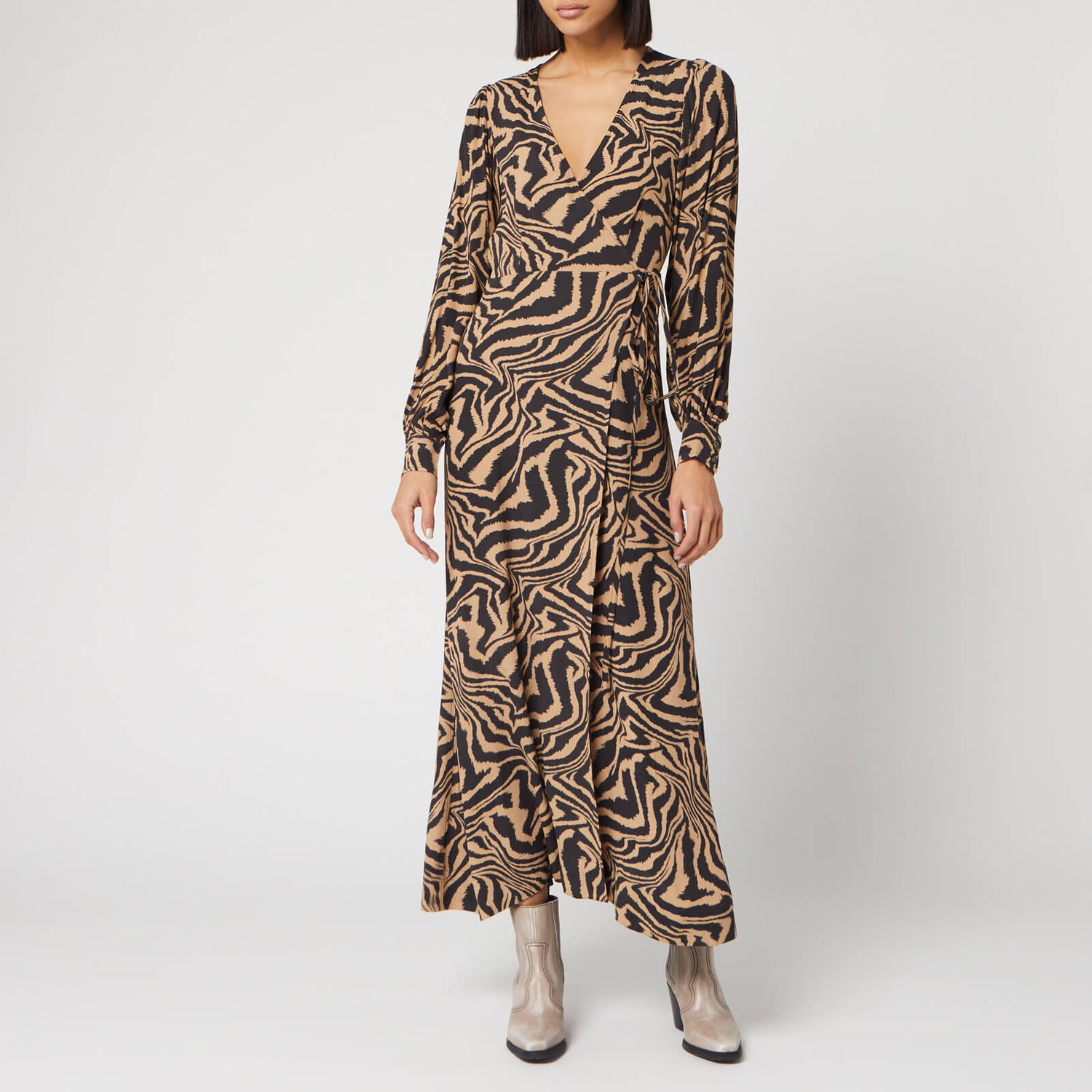 Ganni Women's Printed Crepe Zebra Wrap Dress - Tannin - Free UK ...