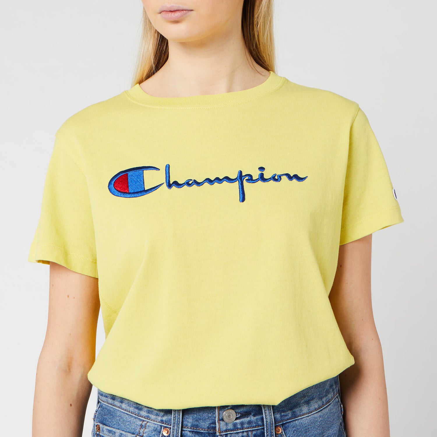 Champion Women's Big Script TShirt Yellow Free UK Delivery Available