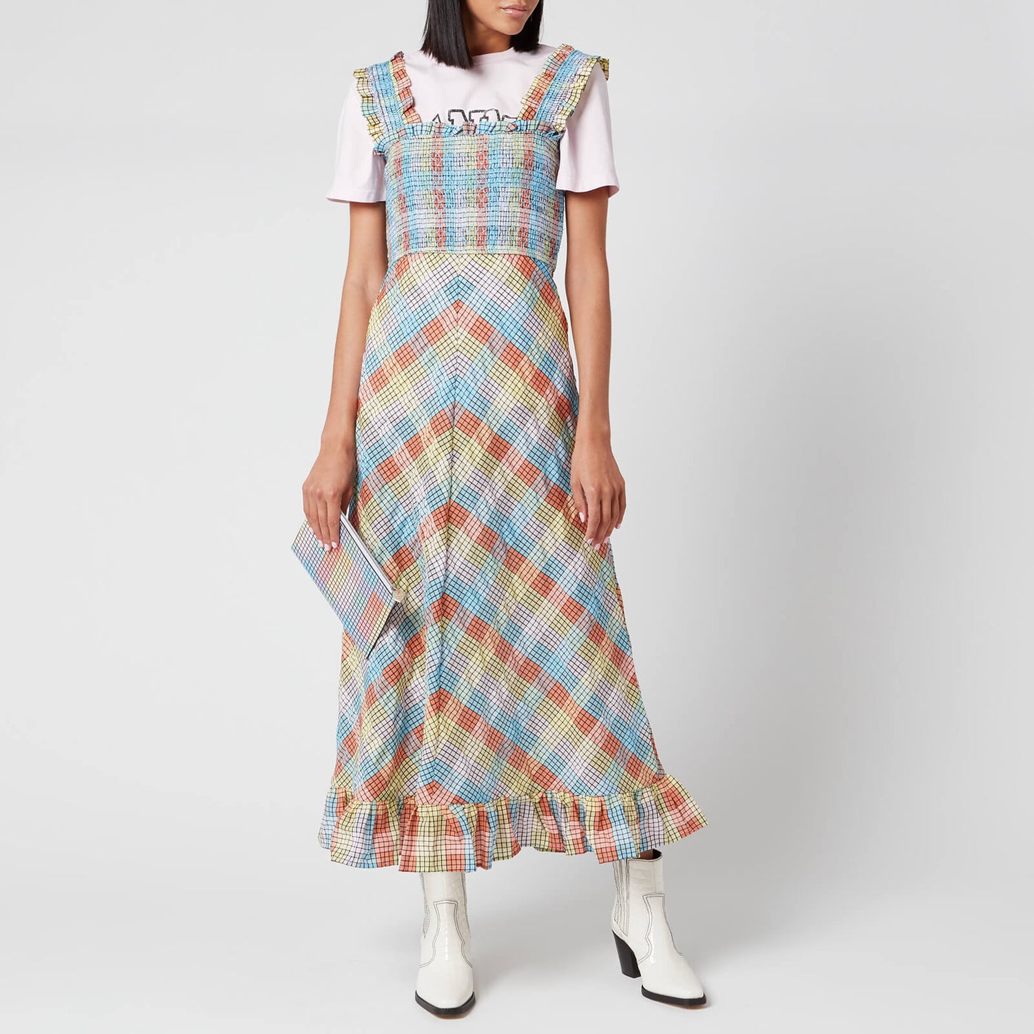 Ganni Women's Seersucker Check Midi Dress - Multicolour - Free UK ...