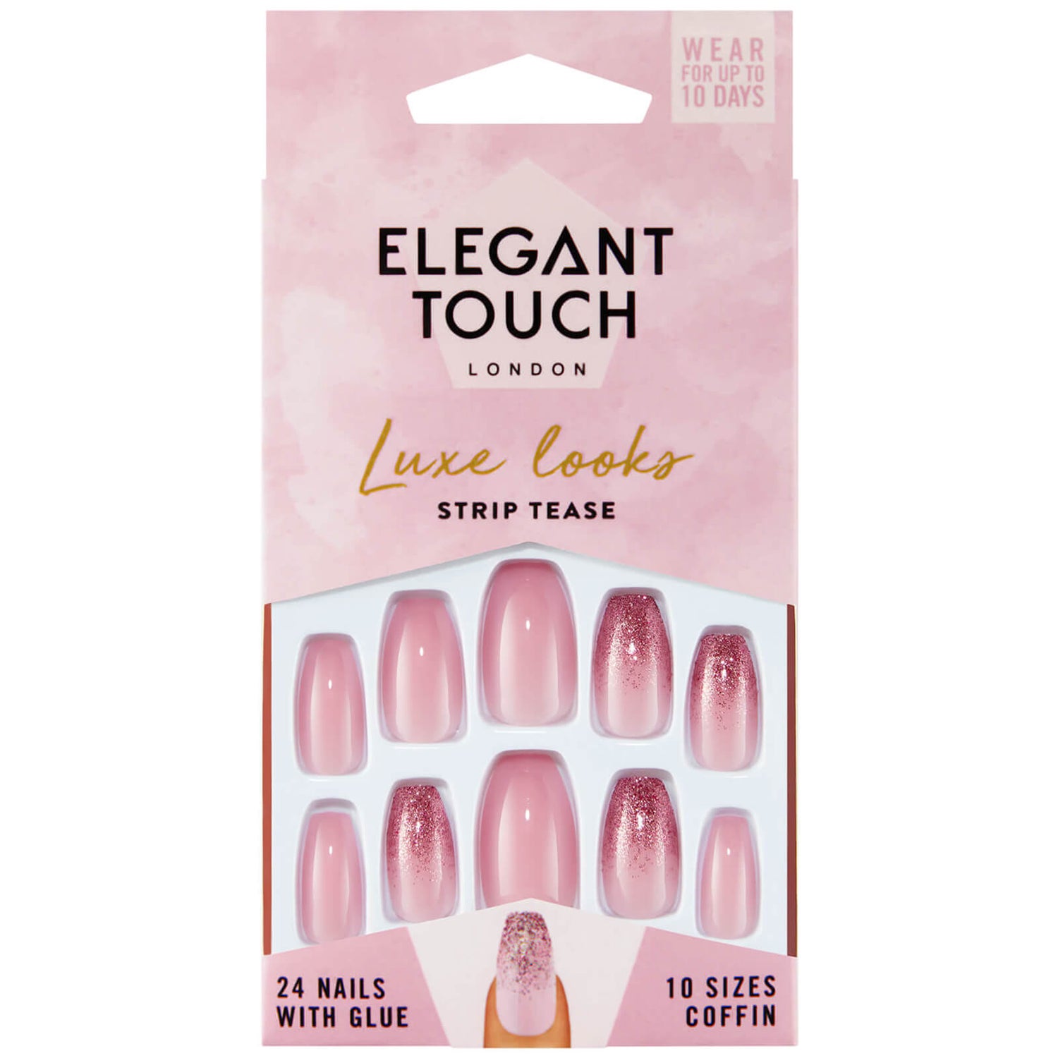 Elegant Touch Fake Nails 'Iced Rose' – 24 Nägel In 12 Größen, Mit Kleber, Rosa Mit Holografischem Glitzer