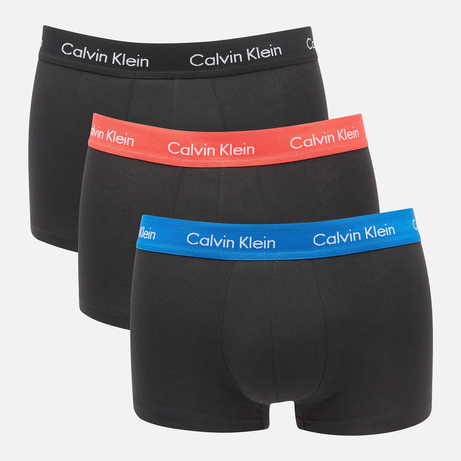 Calvin Klein Men's Cotton Stretch Low Rise 3 Pack Trunks with Contrast Waistband - B-Blue 