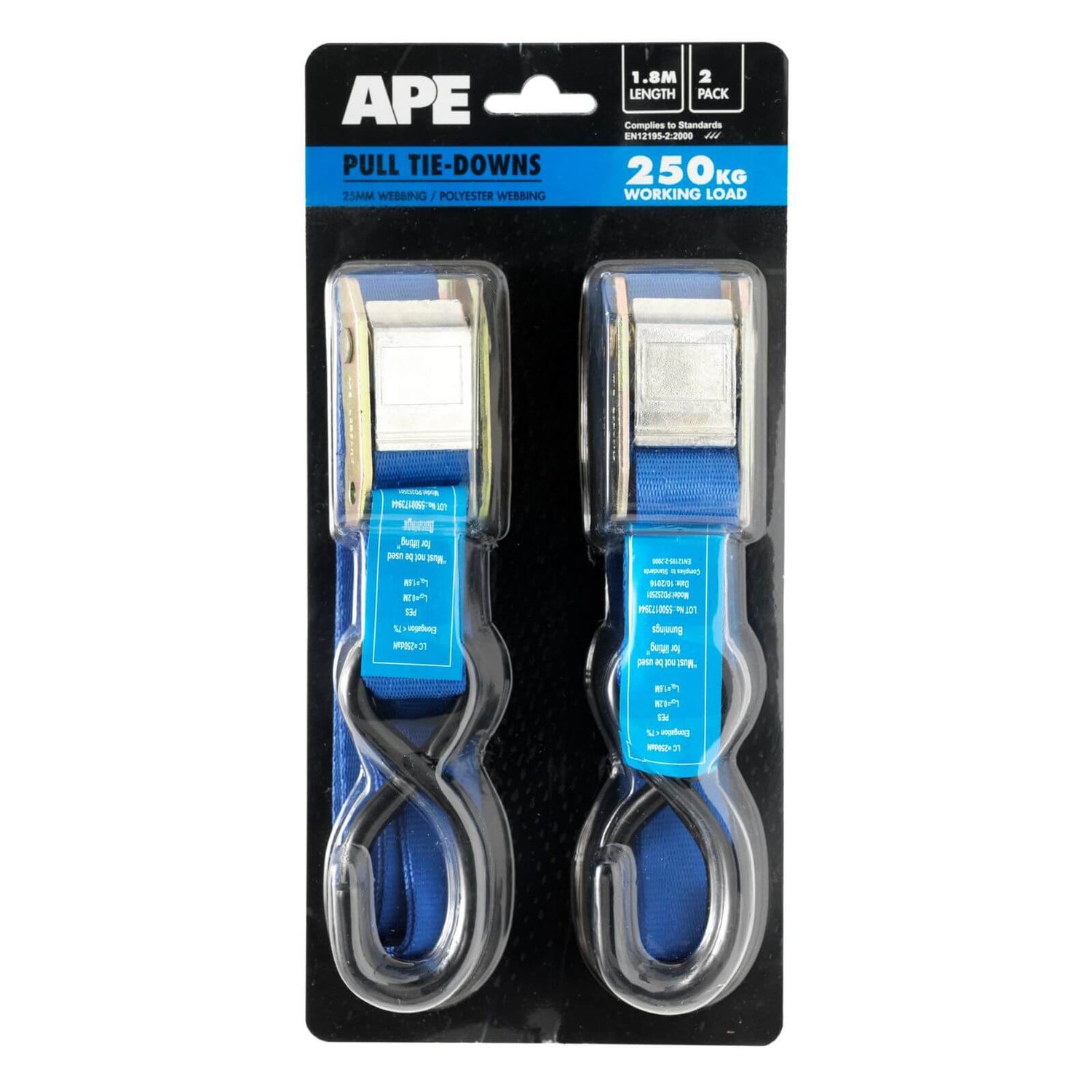 Pull Tie Down 250kg 1.8m x 25mm 2 Pack Homebase