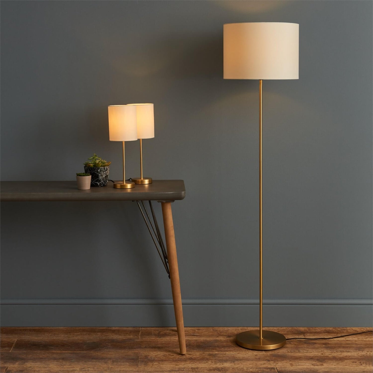Floor Lamp & Matching Table Lamps Set Gold and Cream Homebase