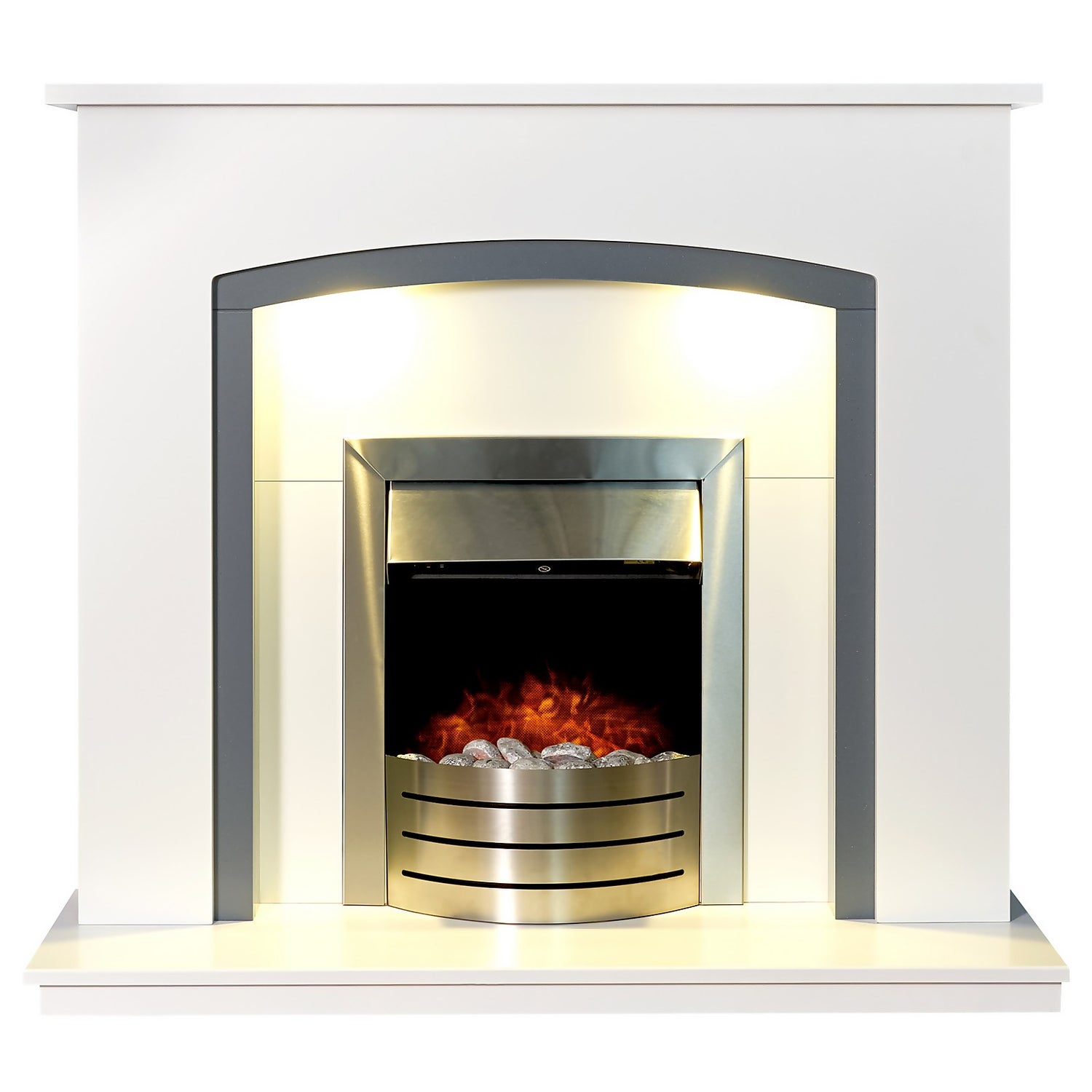 Adam Tuscany in White & Grey with Downlights & Comet Electric Fire in Brushed Steel Homebase