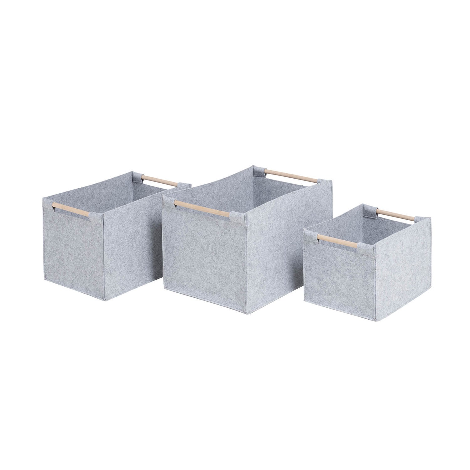 Grey Felt Baskets with Wooden Handles Set of 3 Homebase