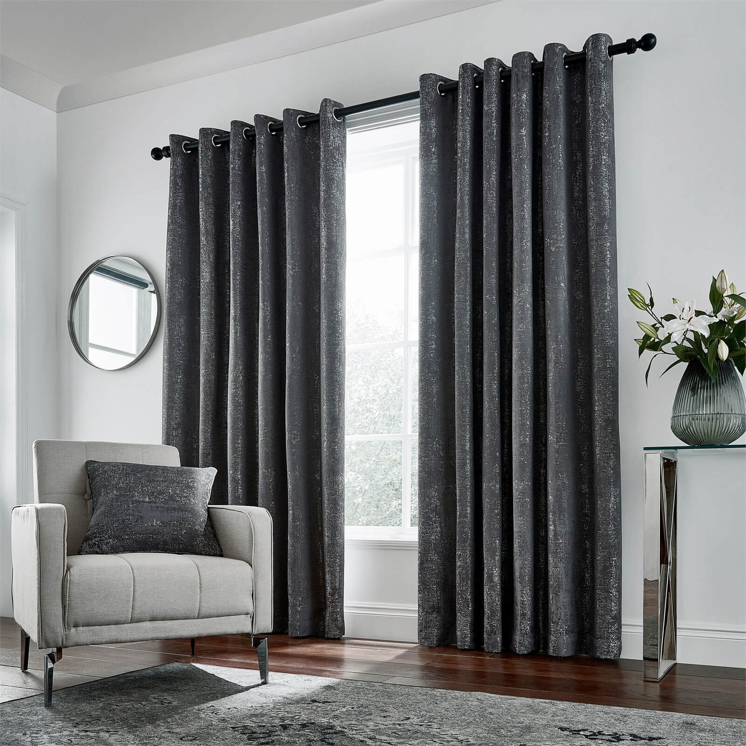 Peacock Blue Hotel Collection Roma Lined Curtains 90 x 72 Gunmetal